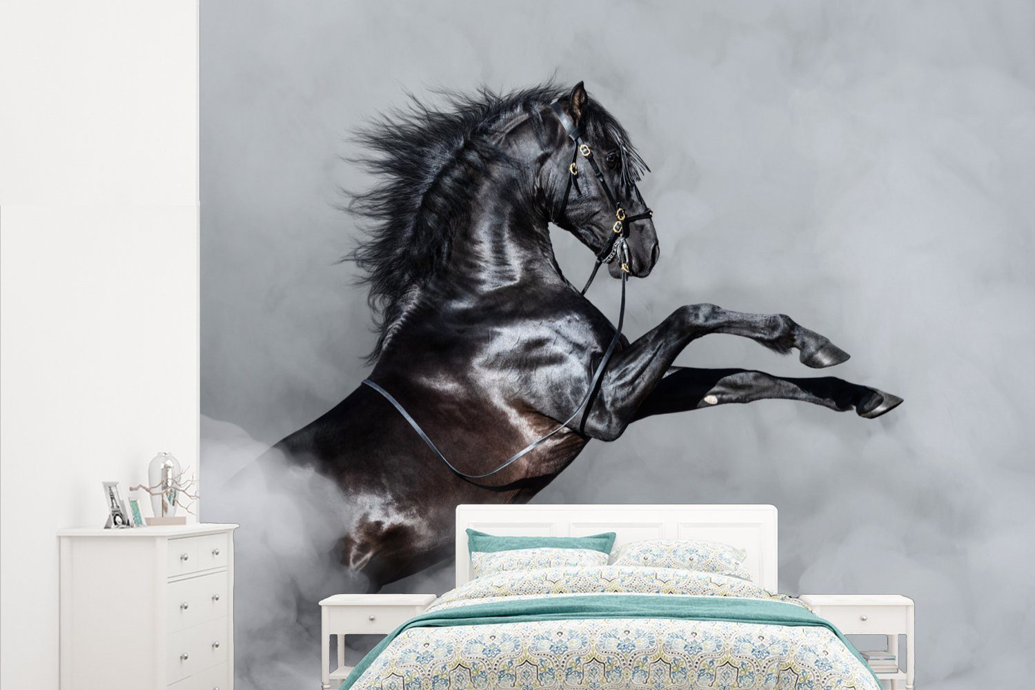 MuchoWow Fototapete Pferd - Smoke - Schwarz, Matt, bedruckt, (5 St), Vliestapete für Wohnzimmer Schlafzimmer Küche, Fototapete