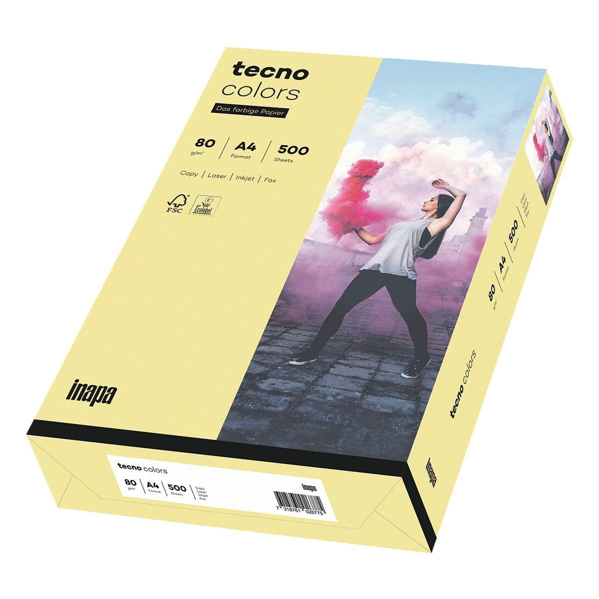 Inapa tecno Drucker- und Kopierpapier Rainbow / tecno Colors, Pastellfarben, Format DIN A4, 80 g/m², 500 Blatt hellgelb