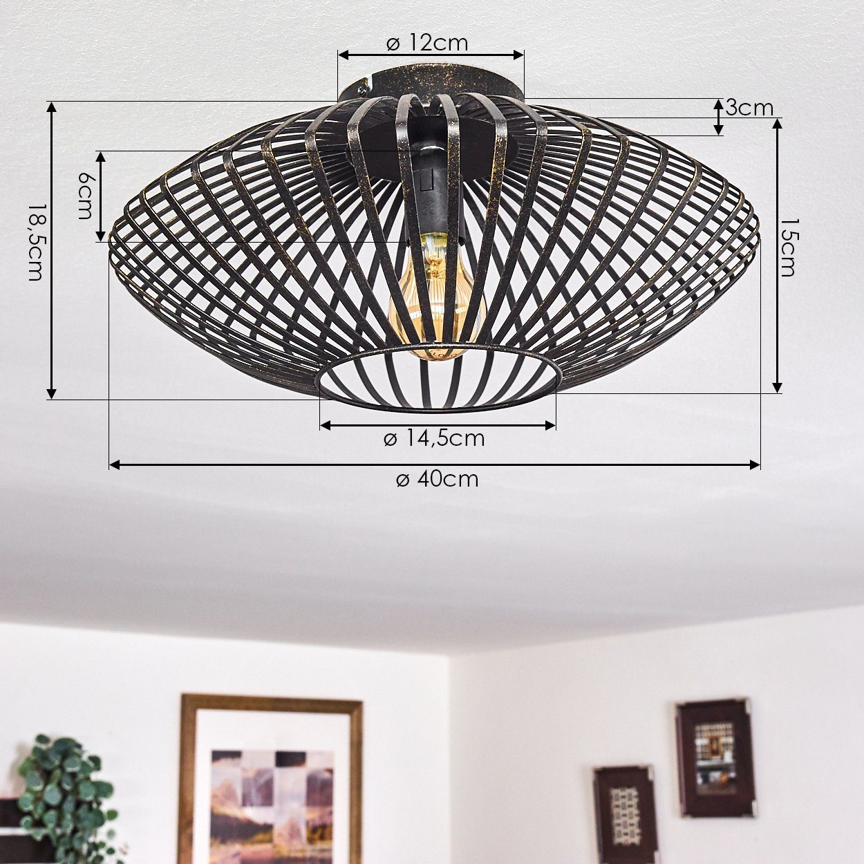 hofstein Deckenleuchte »Pieris« Deckenlampe aus Metall in Schwarz/Gold, ohne Leuchtmittel, E27, Leuchte m. Gitter u. Lichteffekt an der Decke – Bild 4 von 5