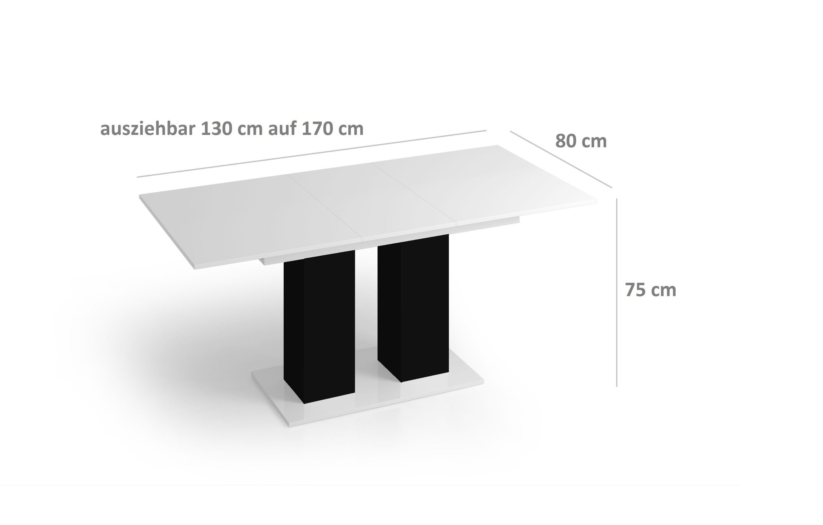 designimpex Esstisch Hochglanz / Weiß DE-1 ausziehbar 170 Schwarz Weiß Design bis Hochglanz 130 Schwarz matt - Hochglanz Tisch