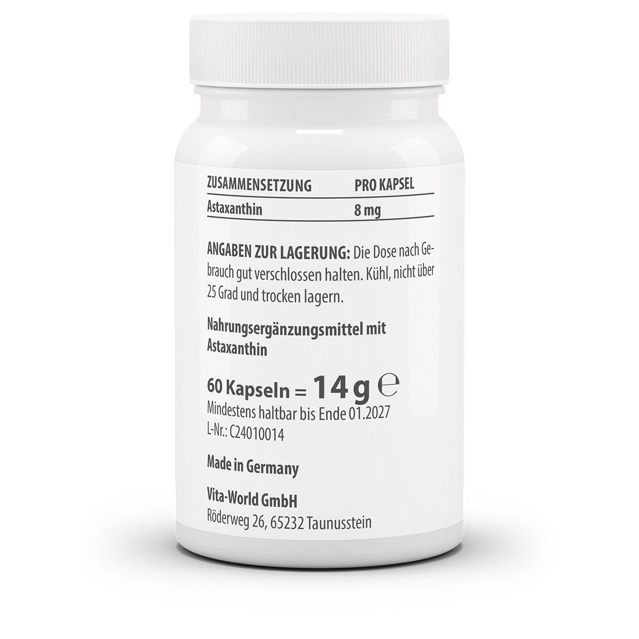 vitaworld Astaxanthin Liquid 8 mg - aus der Alge Haematococcus pluvealis Kapseln, 60 St., 14 g