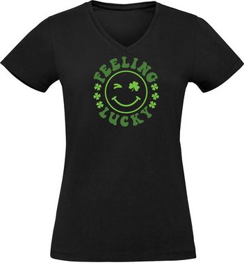 MyDesign24 T-Shirt Damen Smiley Print Shirt - Zwinkernder Smiley Feeling Lucky V-Ausschnitt Baumwollshirt mit Aufdruck Slim Fit, i295