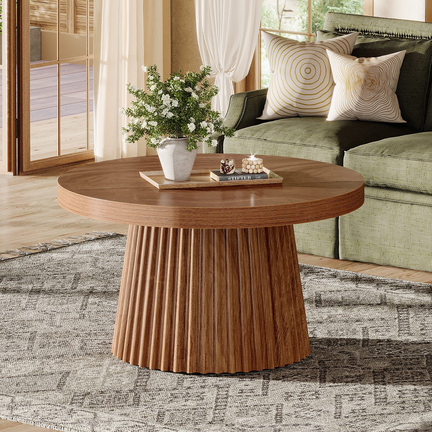 Tribesigns Couchtisch 80 cm Runder Wohnzimmertisch mit Trommel Basis und Holzoptik – Braun