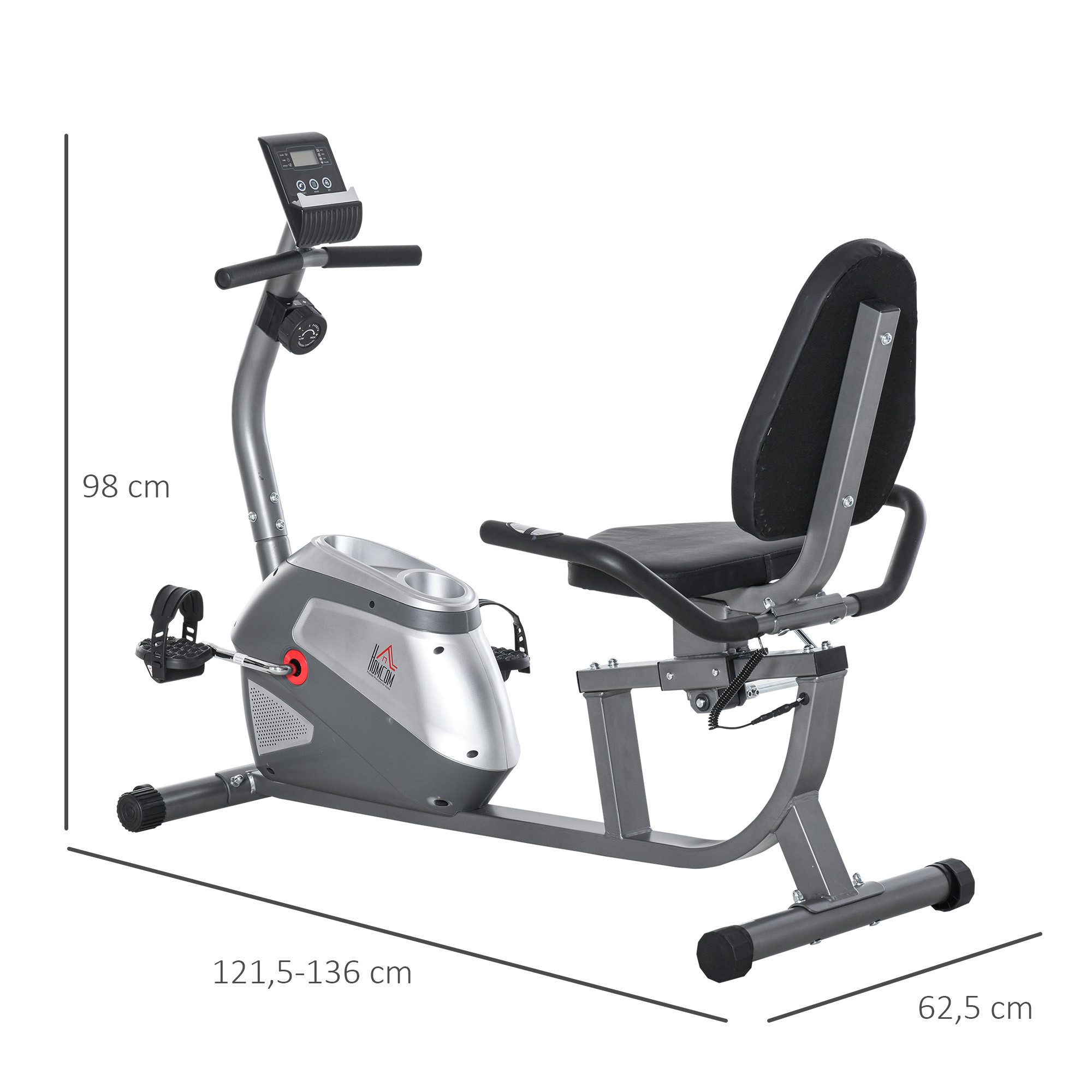 HOMCOM Heimtrainer mit LCD-Anzeige 8-stufig Magnetwiderstand Liegefahrrad (Heimtrainer Fahrrad, 1-tlg., Liegeheimtrainer), Metall ABS 121,5-136 x 62,5 x 98 cm – Bild 3 von 5