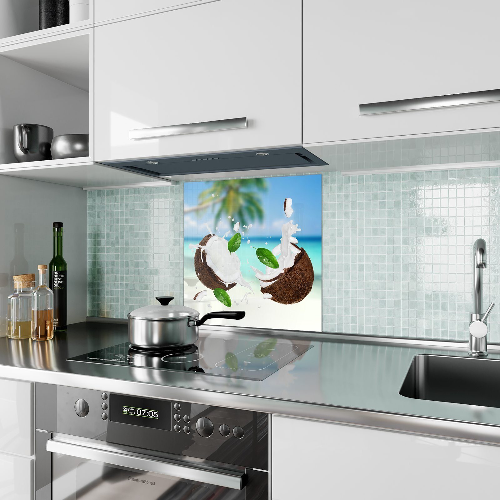 Primedeco Küchenrückwand Spritzschutz Paradies Glas im Kokosnuss