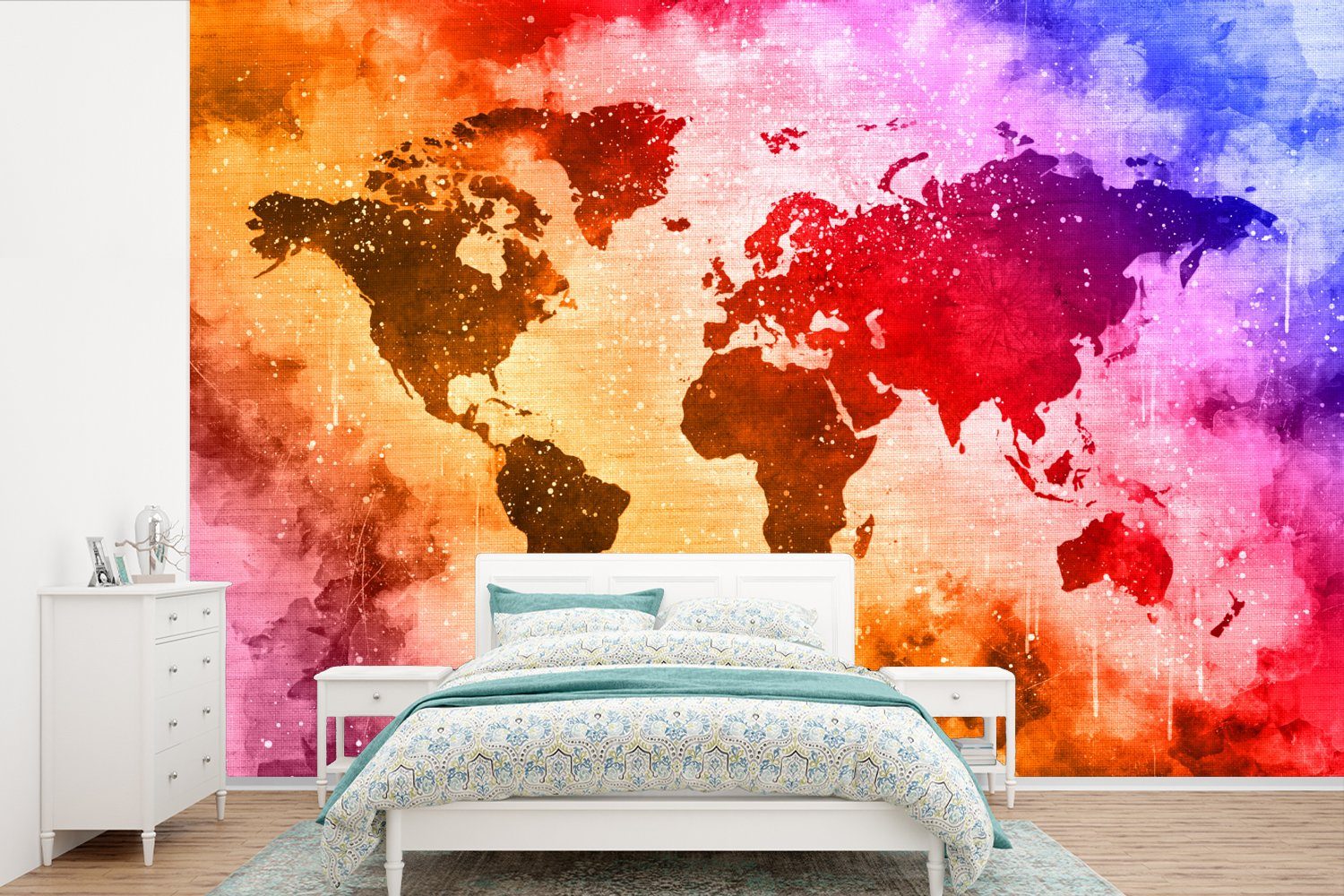 MuchoWow Fototapete Weltkarte - Farbe - Farben, Matt, bedruckt, (6 St), Wallpaper für Wohnzimmer, Schlafzimmer, Kinderzimmer, Vinyl Tapete
