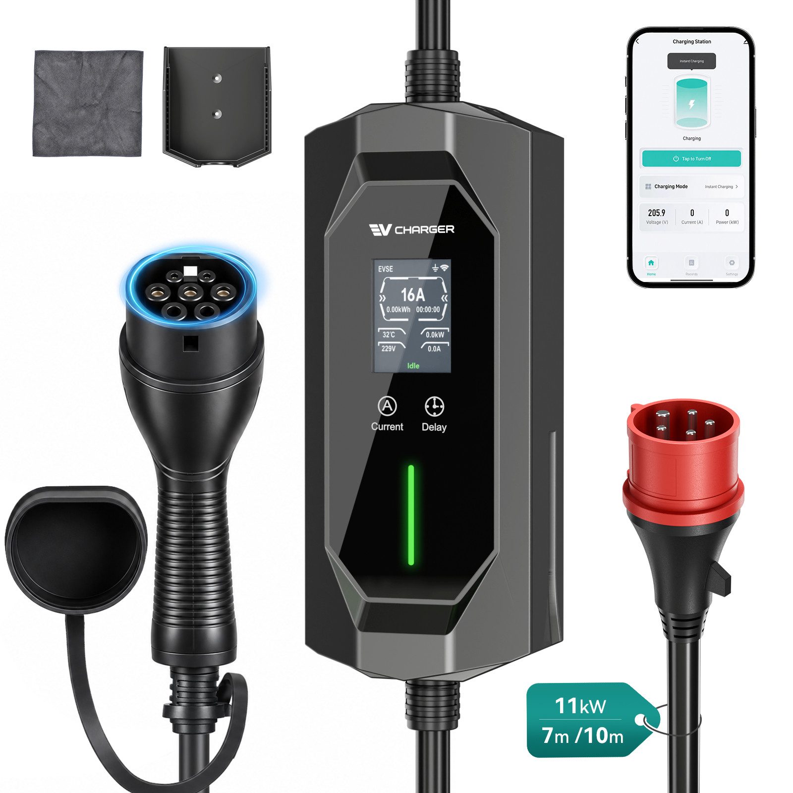 Rebonique Elektroauto-Ladestation Wallbox 11 kW mit App, 10 m Typ 2, 6–16 A 3-phasig, CEE Stecker, IP65, Mobil 11kW / 16A, 3-phasig, Ladeplanung 0–12 Std.,Typ-2-Ladekabel nach IEC 62196-2, 2,4″ LCD