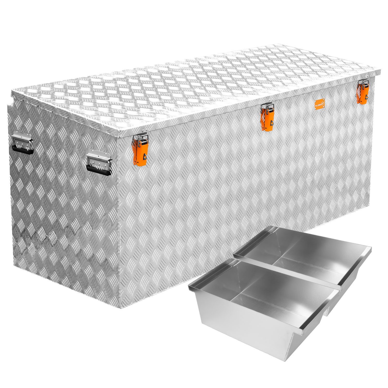 ALUBOX Aufbewahrungsbox Pritschenbox Truckbox 3mm Alu Riffelblech, mit 2 Einsätzen und 1 Vorhängezahlenschloss - korrosionsbeständig
