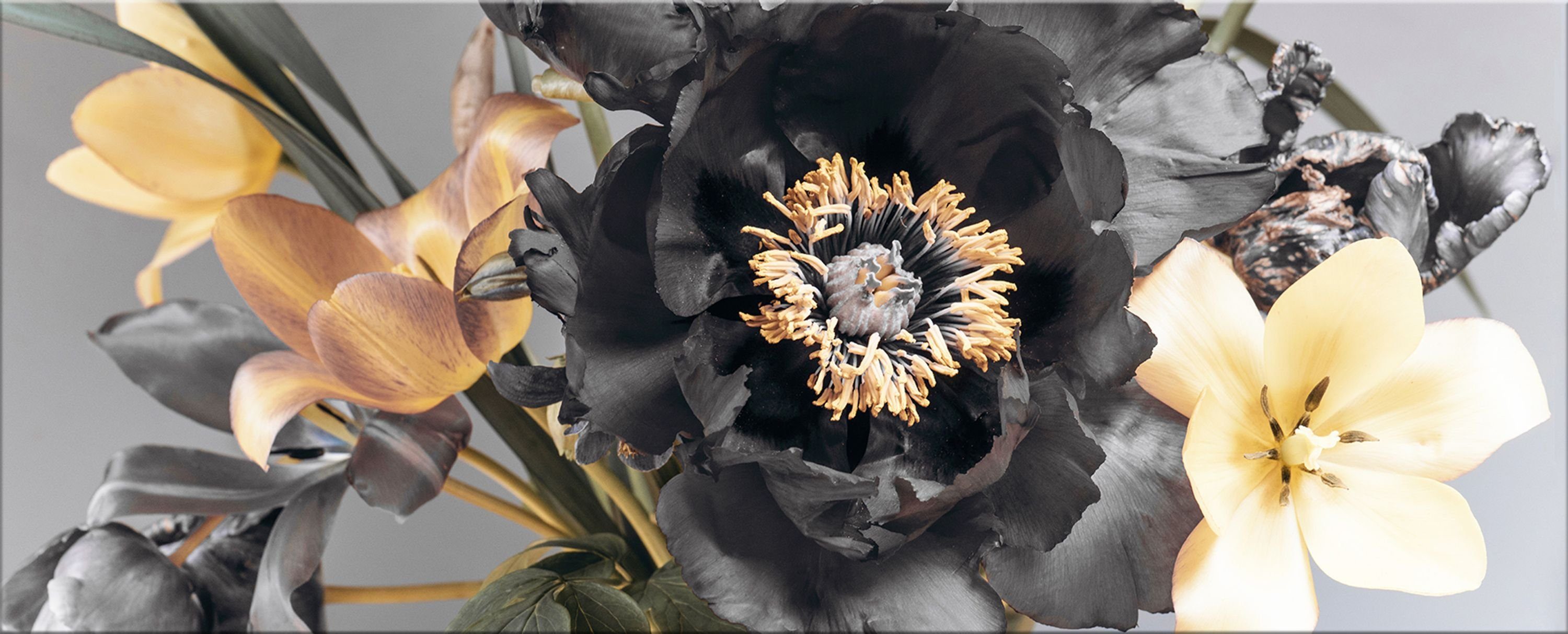 cm gold, XXL Blüten: Glasbild 125x50 aus und Glasbild Glas schwarz, artissimo Bild groß Blumen-Strauss silber silber, Blumen