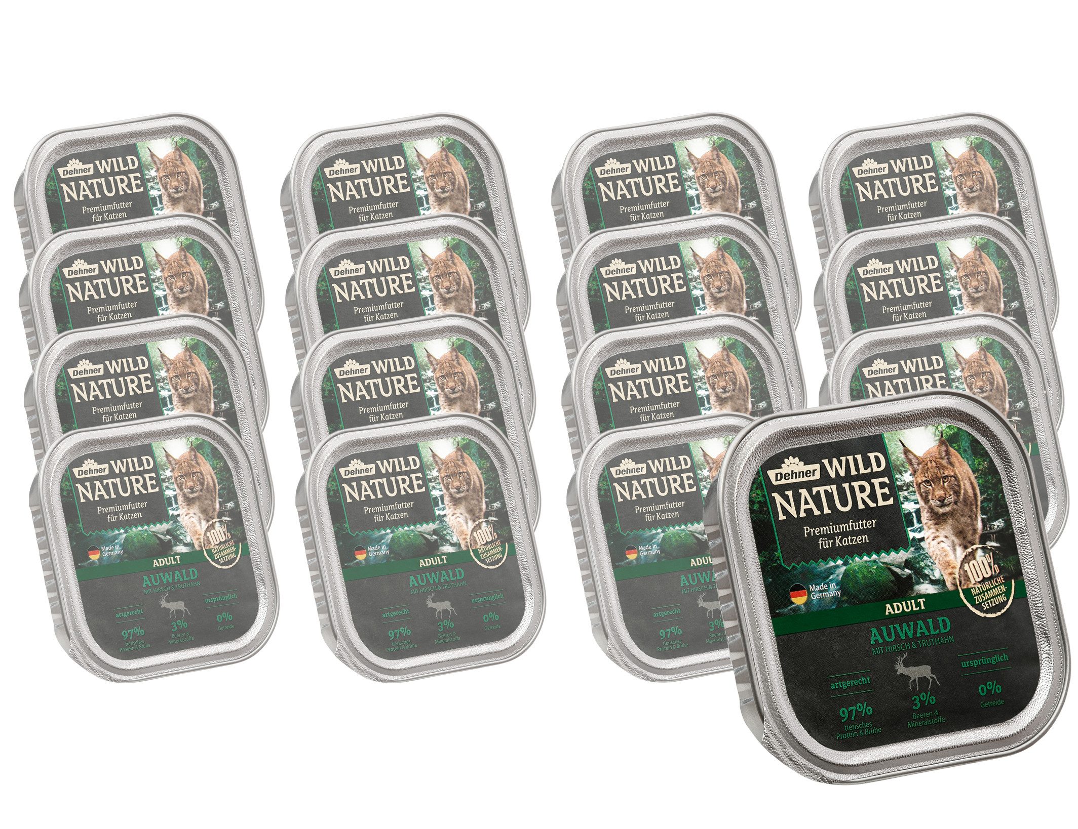 Dehner Katzenfutter Adult Auwald Hirsch/Truthahn 16x100g Hirsch, Nassfutter für: Katze