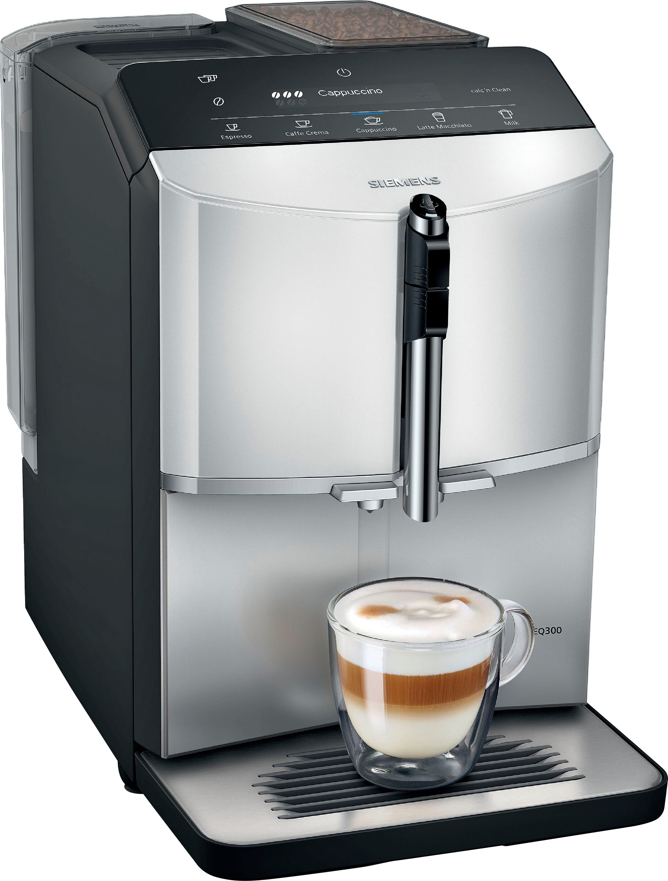 SIEMENS Kaffeevollautomat EQ300 TF303E01, viele Kaffeespezialitäten, OneTouch-Funktion, benutzerfreundliches Display, Keramikmahlwerk, daylight silber