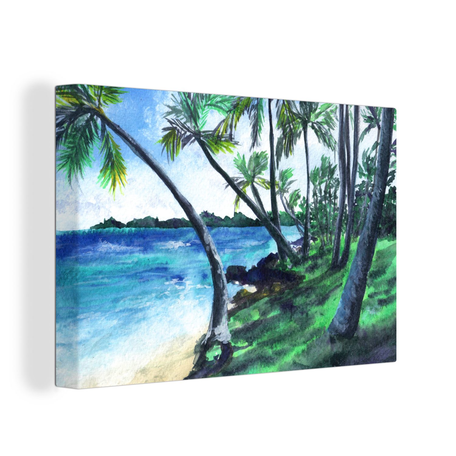 OneMillionCanvasses® Leinwandbild Aquarell - Strand - Palme, (1 St), Wandbild Leinwandbilder, Aufhängefertig, Wanddeko, 30x20 cm
