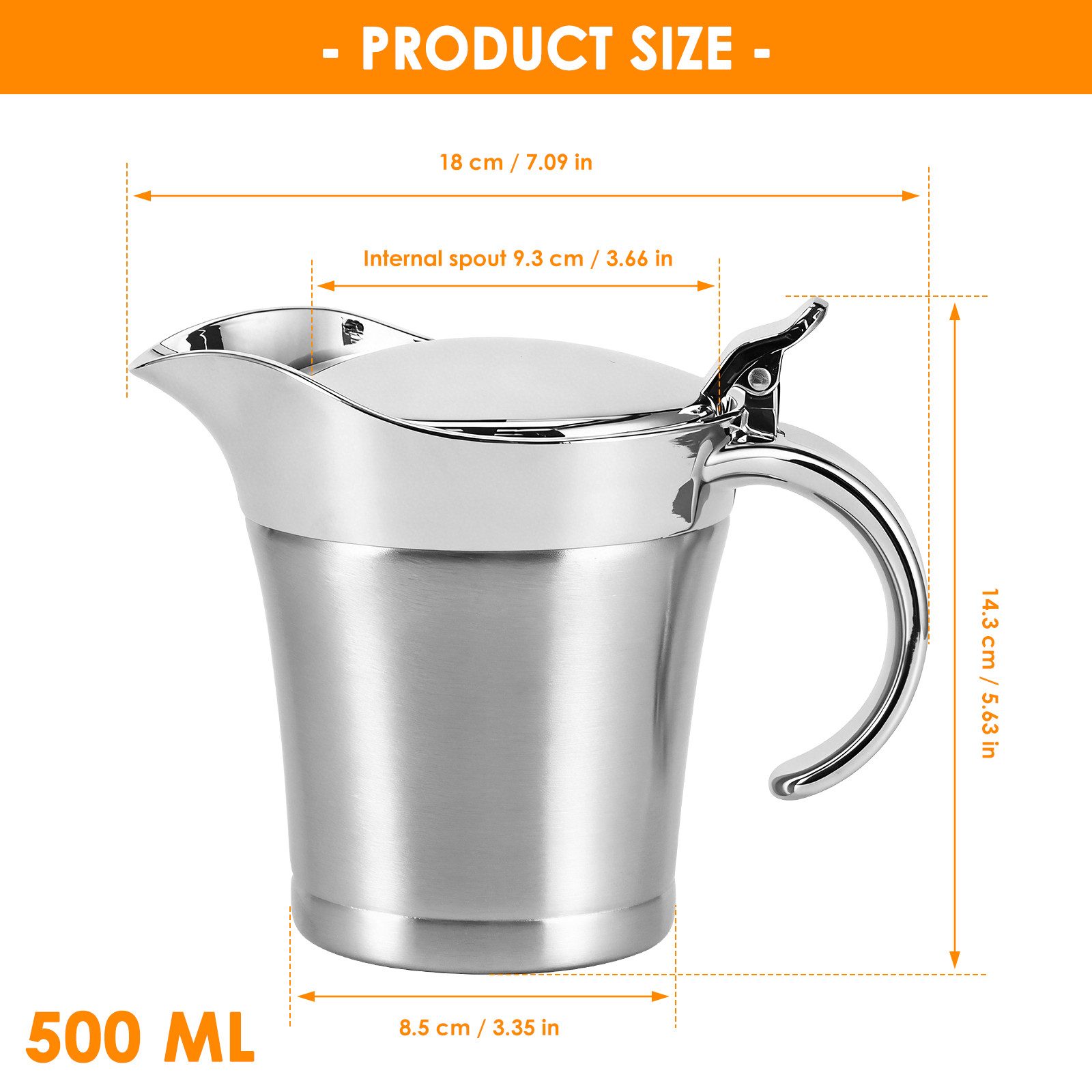 BlingBin Sauciere 500ml Thermo-Sauciere mit Klappdeckel, Soßenspender Doppelwandig, Korpus aus Edelstahl 304 + Deckel aus PP, ABS-galvanisiert, (1er Set, 1-tlg), Saucenbecher für Vanillesoße Soße Sahne Mayonnaise Milch, Silber