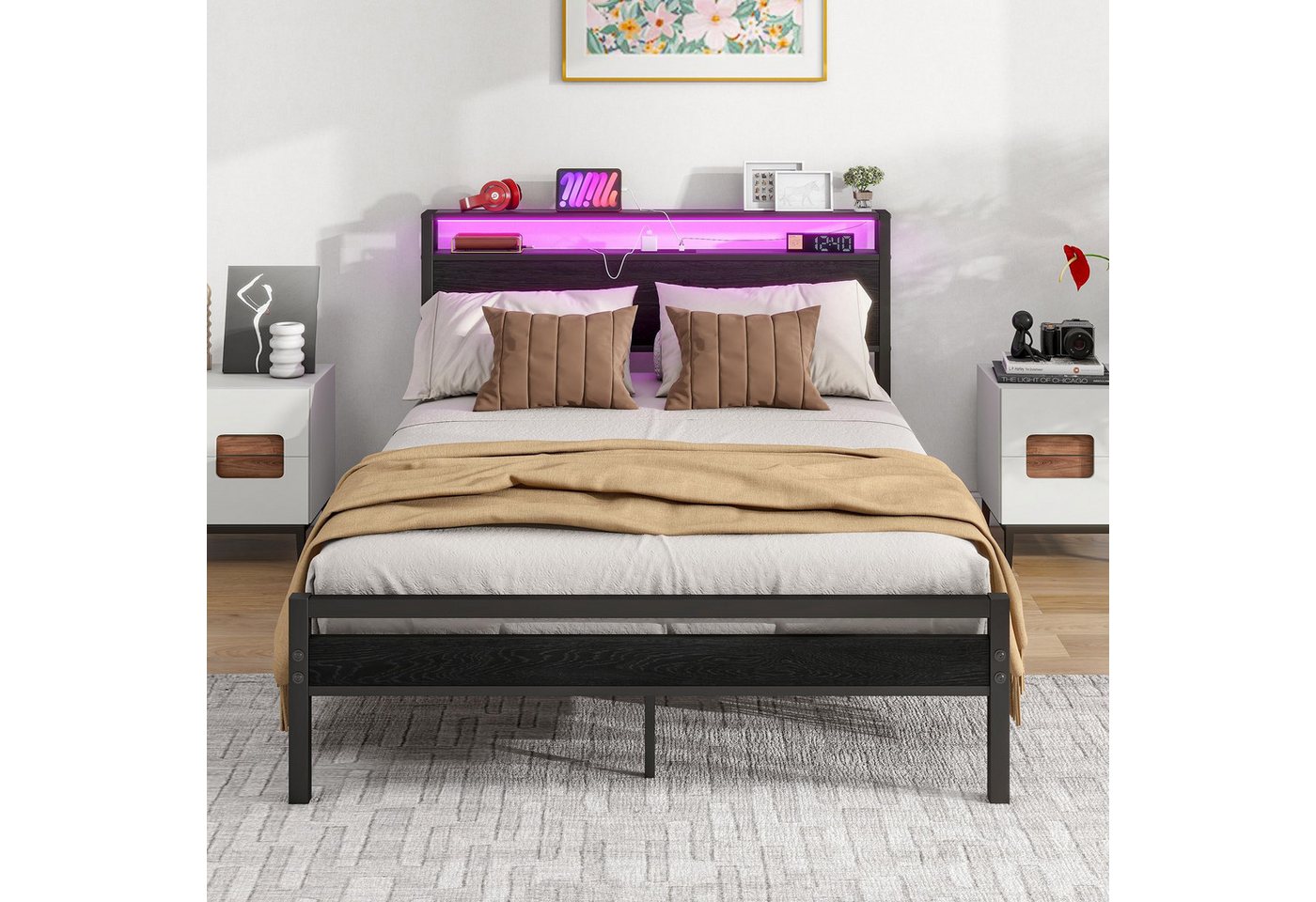 HOMERECOMMEND Metallbett mit Ladestation, LED Beleuchtung, USB-Ladefunktion, 90x200cm, Schwarz (1-tlg), Bettrahmen mit Ladestation, Kein Boxspring erforderlich
