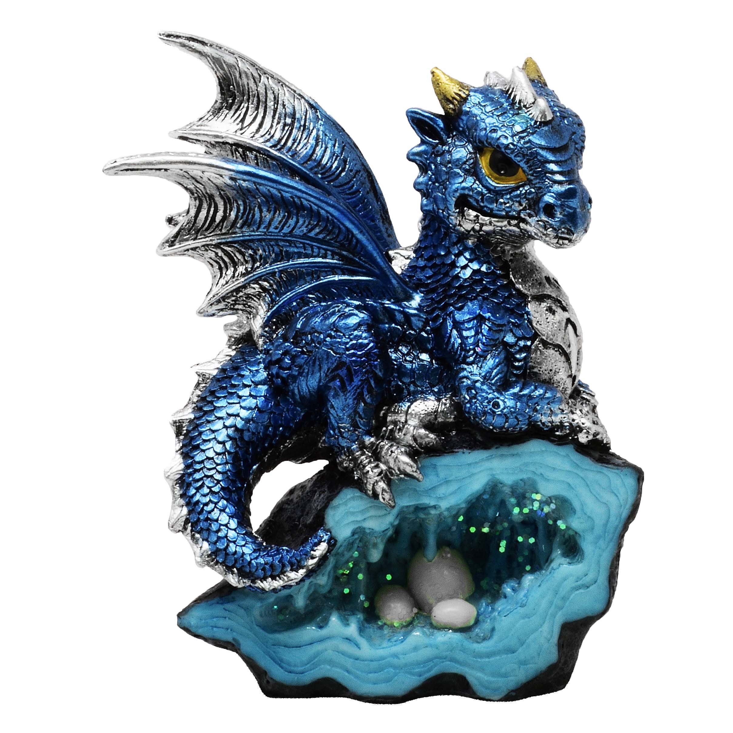 MystiCalls Fantasy-Figur Blauer Drache auf Kristallfels mit Dracheneier Drachenfigur Fantasy (1 St), Sammelfigur, Sammlerfigur, Designerfigur, Dekofigur, Dekorationsobjekt