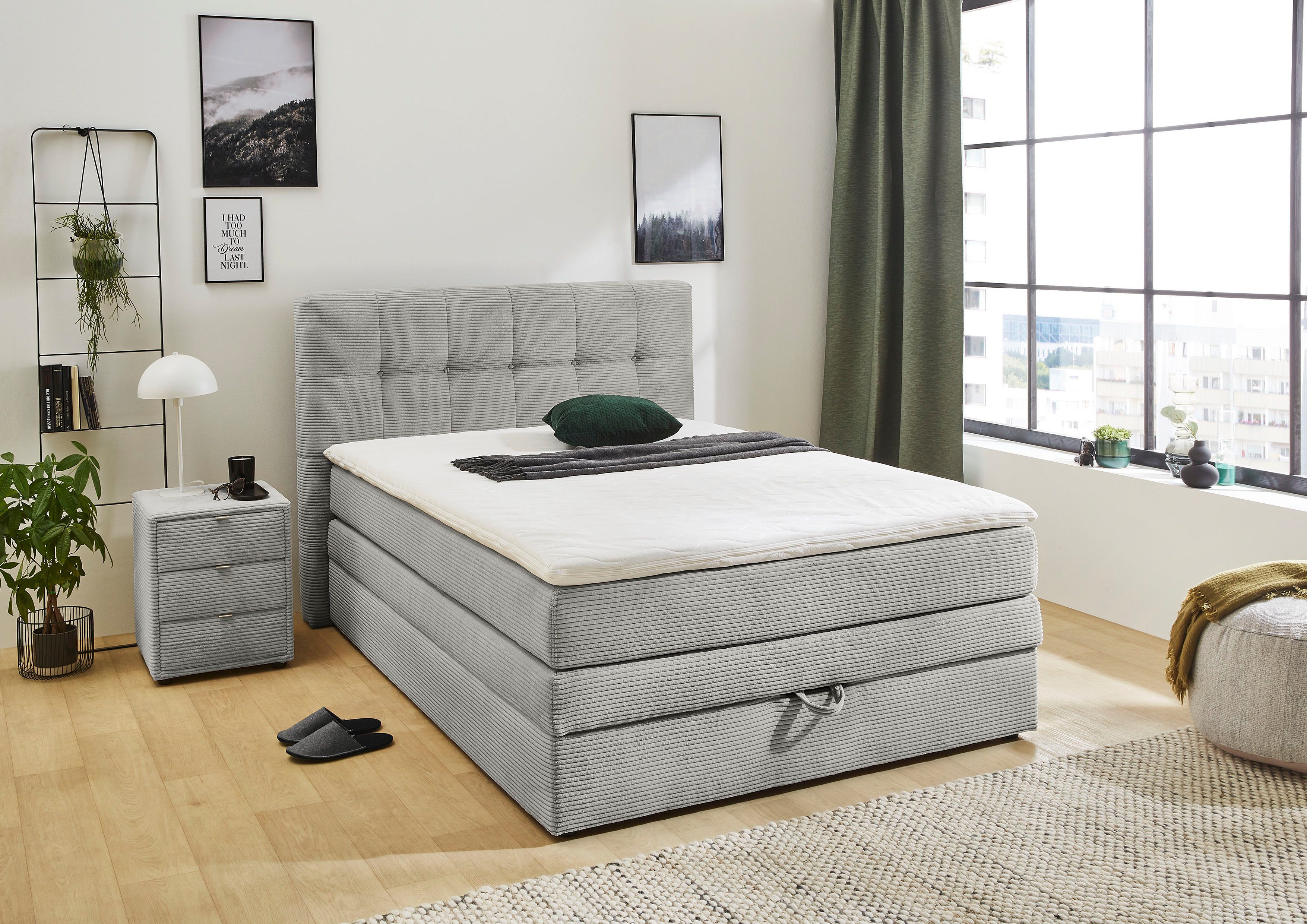 Jockenhöfer Gruppe Boxspringbett AMY in Cord, erhältlich in den Breiten 120cm & 140cm, mit Bettkasten & Topper
