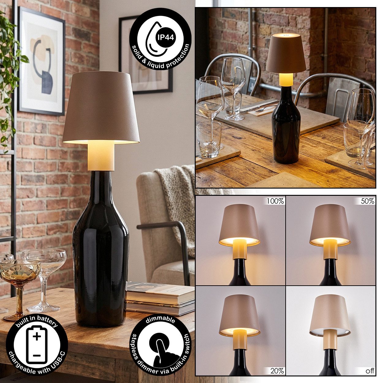 hofstein Tischleuchte Tischlampe aus Kunststoff in Sand/Weiß, Touchdimmer, Memory, USB-C, dimmbare Tischleuchte mit Akku, IP44, verwendbar als Flaschenaufsatz