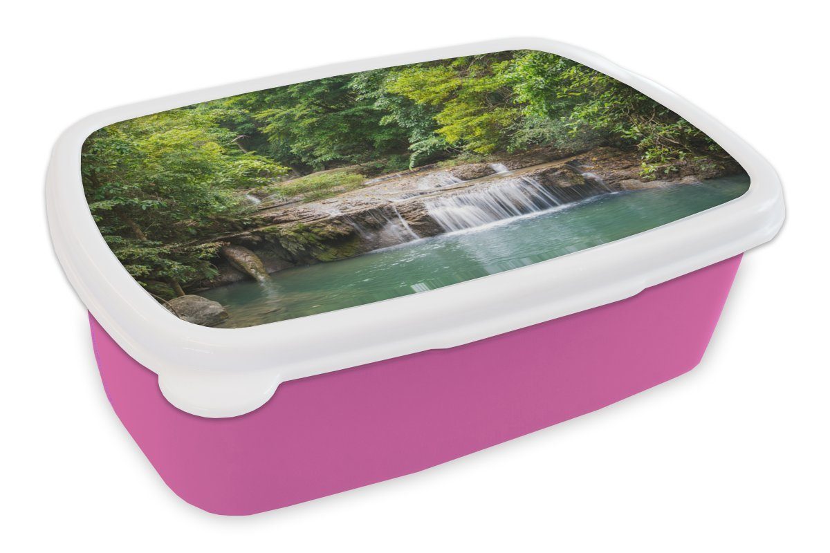 für Kinder, Brotdose eines entlang Bäume (2-tlg), Kunststoff Mädchen, Snackbox, im, Erwachsene, Wasserfalls rosa Lunchbox MuchoWow Grüne Flusses Brotbox des oberhalb Kunststoff,