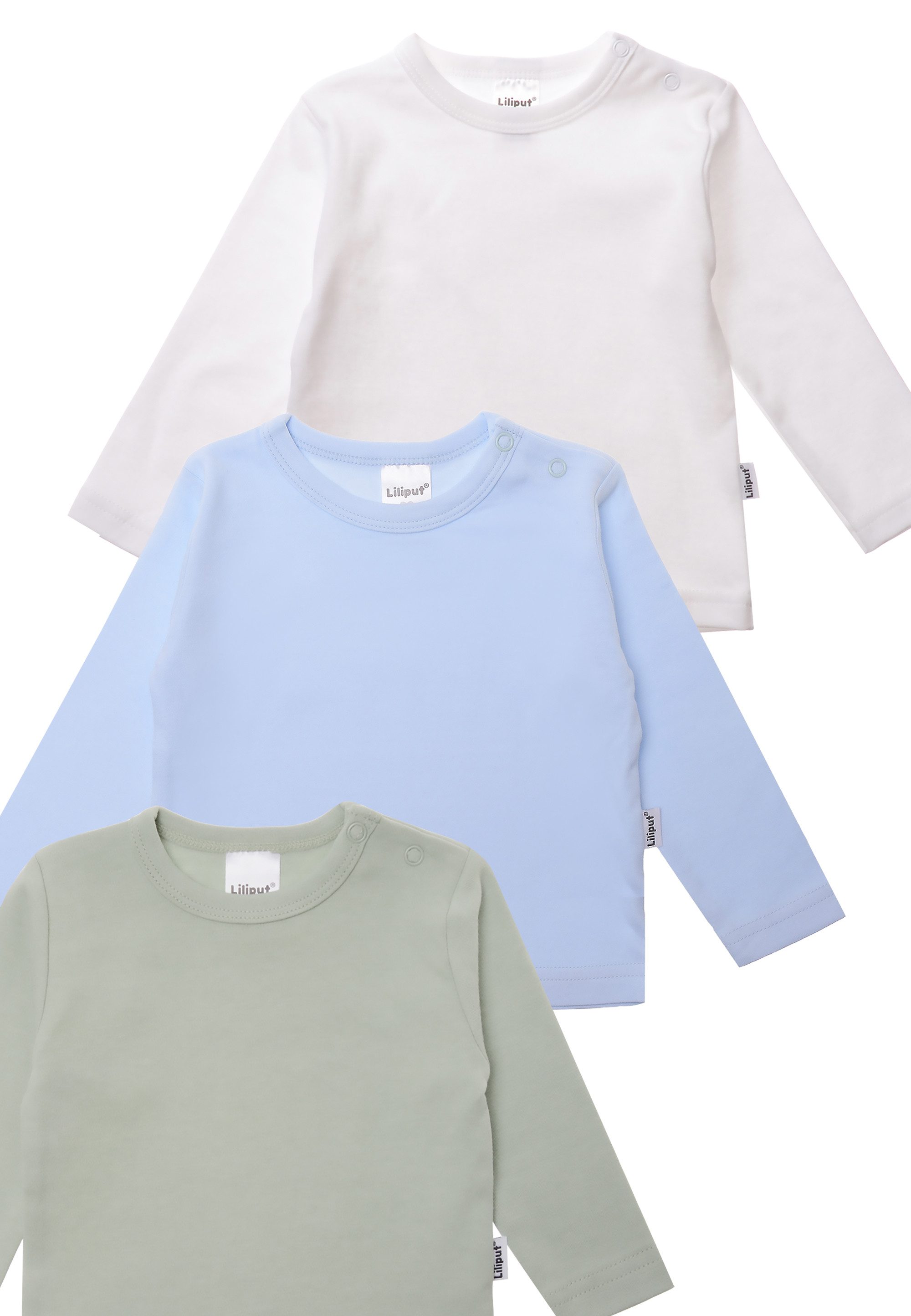 Liliput Langarmshirt weiß, schilf und hellblau mit Druckknöpfen auf der Schulter
