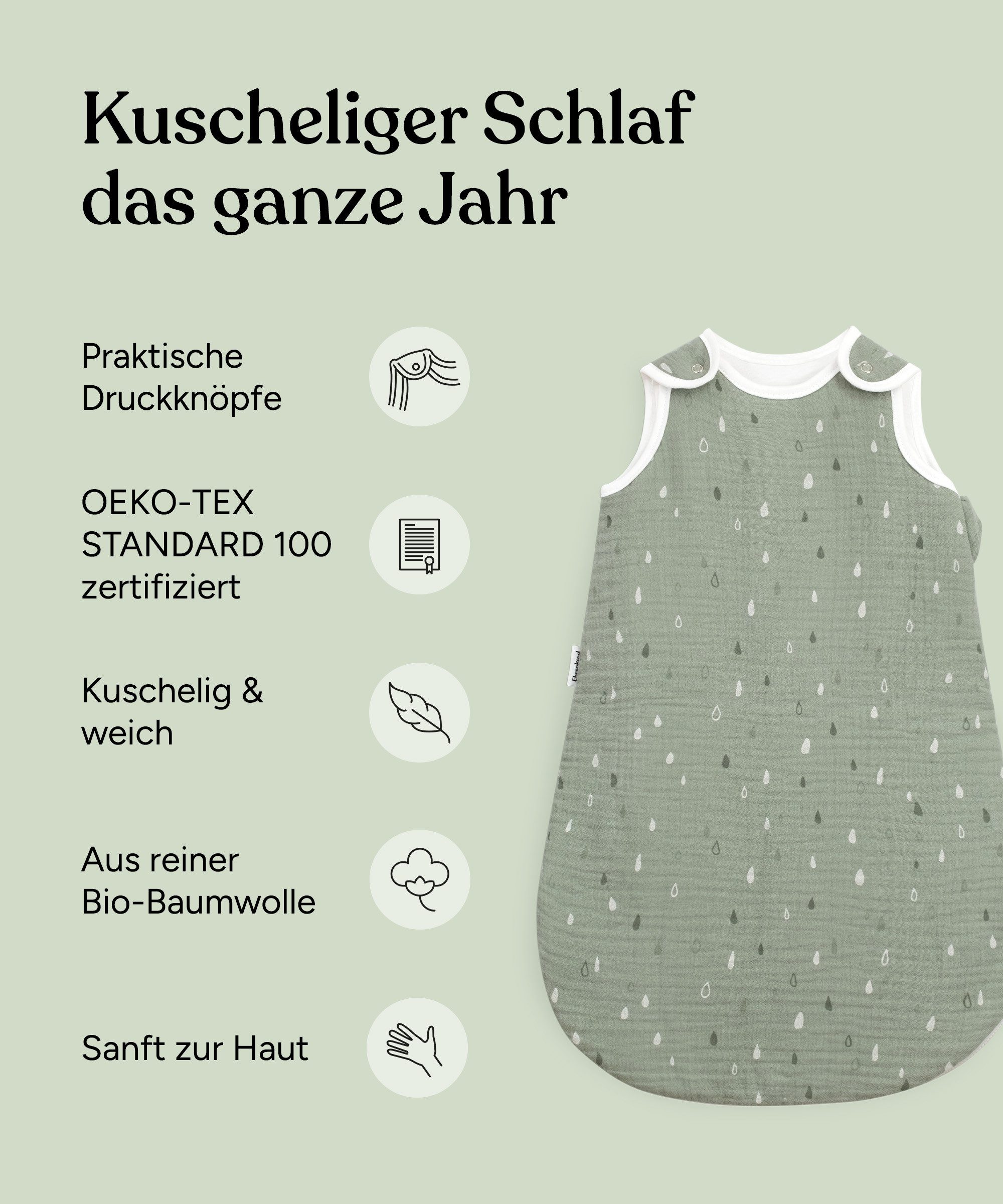Ehrenkind Babyschlafsack Musselin Ganzjahresschlafsack Rund, 2.5 TOG (mit atmungsaktiver Bio-Baumwolle), für guten Schlaf zu jeder Jahreszeit