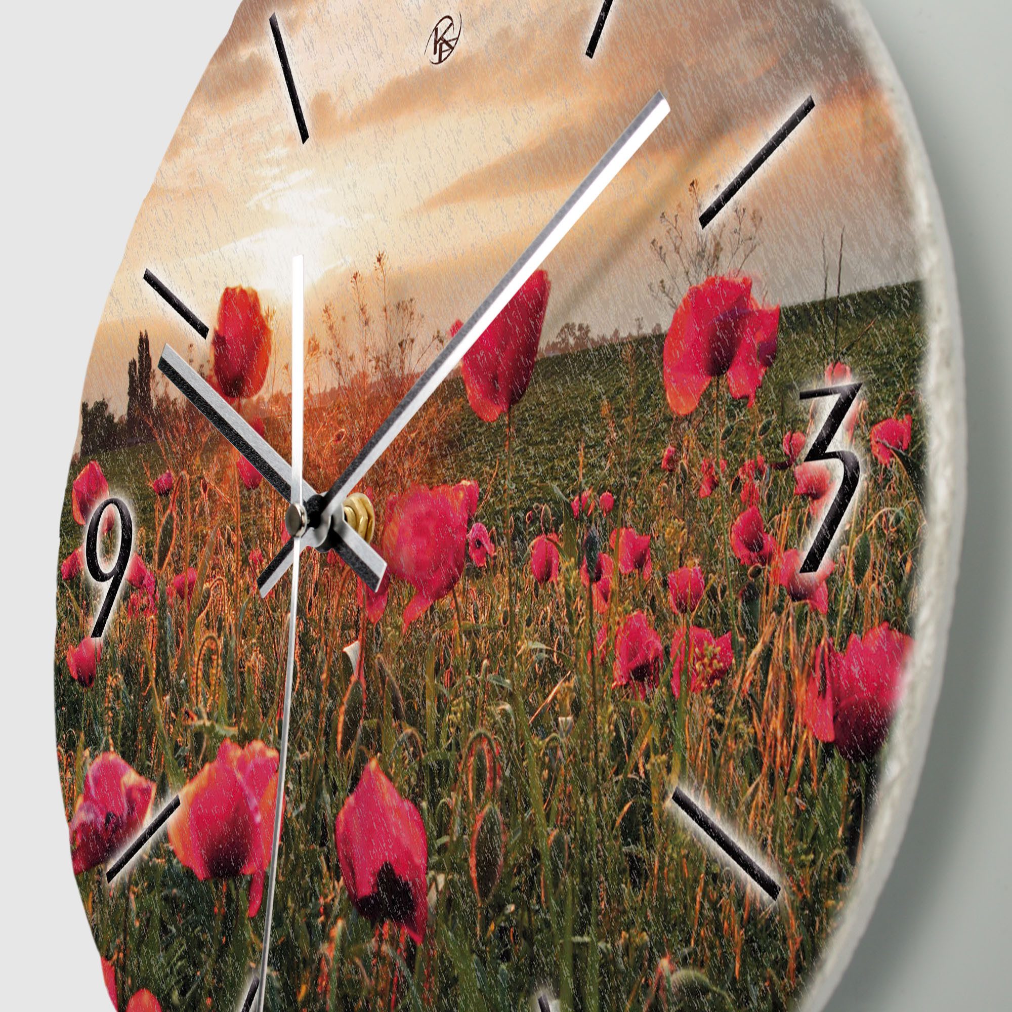 Kreative Feder Wanduhr Wanduhr „Mohnblumen-Feld“ aus Stein (Keramik) in Schiefer-Optik (ohne Ticken; Funk- oder Quarzuhrwerk; ⌀ 30cm; außergewöhnlich)