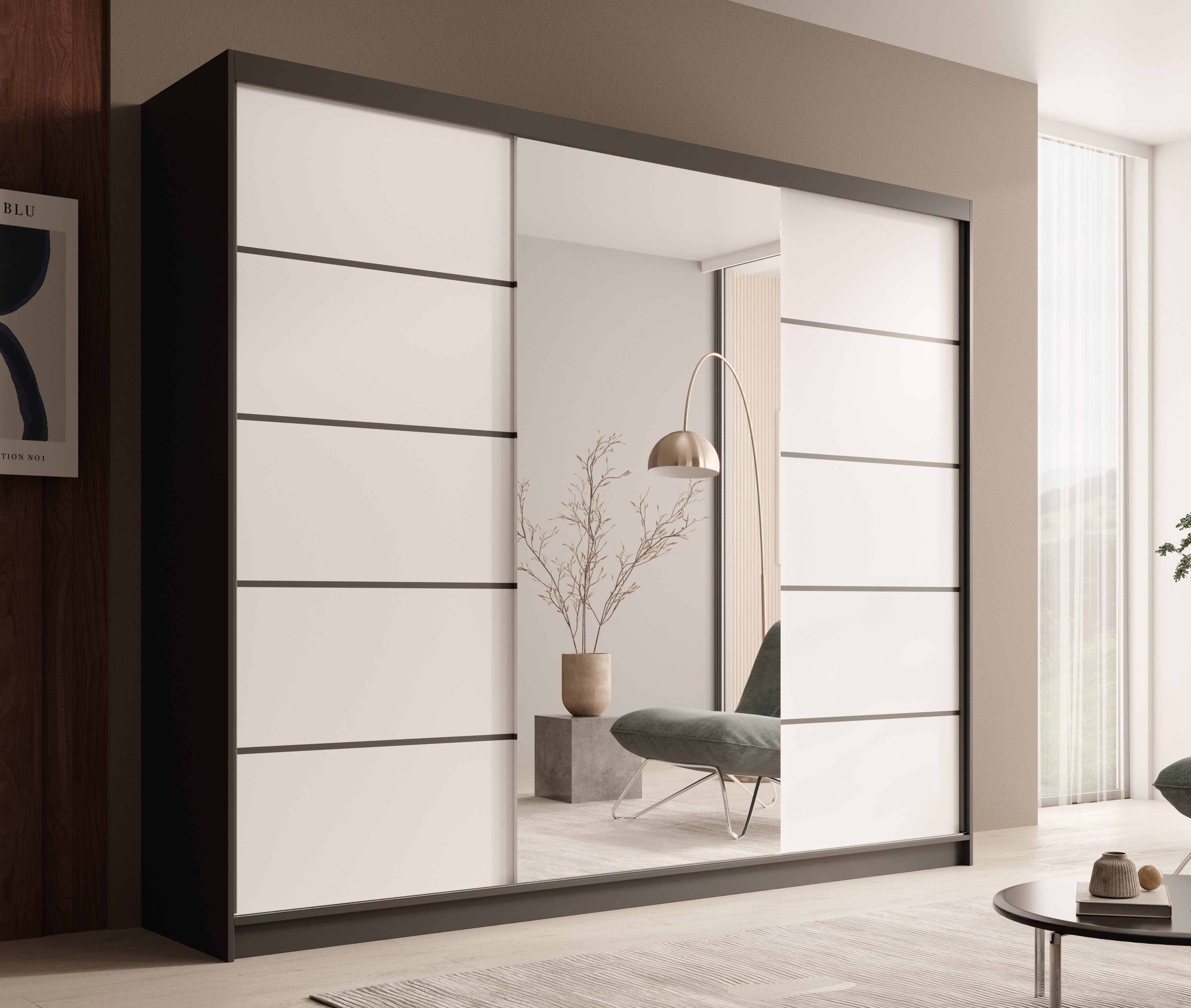 MOEBLO Schiebetürenschrank Tivora 250 (Moderner, platzsparender Kleiderschrank mit Spiegel für Schlafzimmer und Ankleidezimmer, 3 Schiebetüren, 11 Einlegeböden, stabile Kleiderstange, Wohnzimmerschrank mit Spiegel, Schwebetürenschrank Schrank Garderobe Schiebtüren Schlafzimmer) (BxHxT): 250x215x58 cm