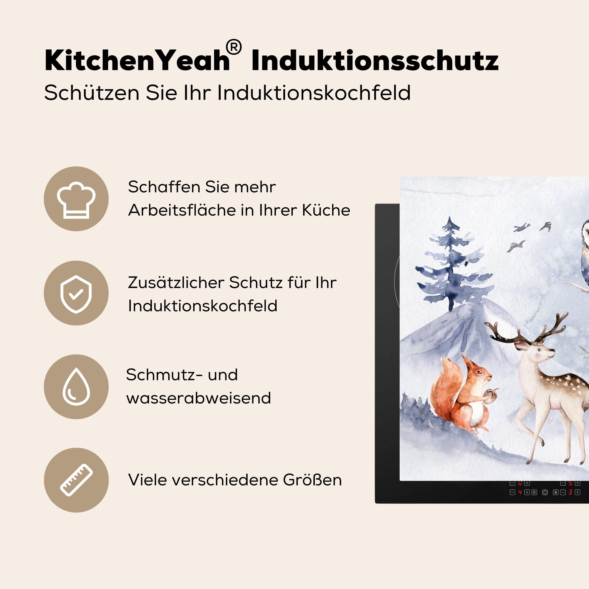- küche MuchoWow - Herdblende-/Abdeckplatte cm, Eichhörnchen Hirsch Arbeitsplatte für Baum, 78x78 (1 tlg), - Vinyl, Winter Ceranfeldabdeckung,