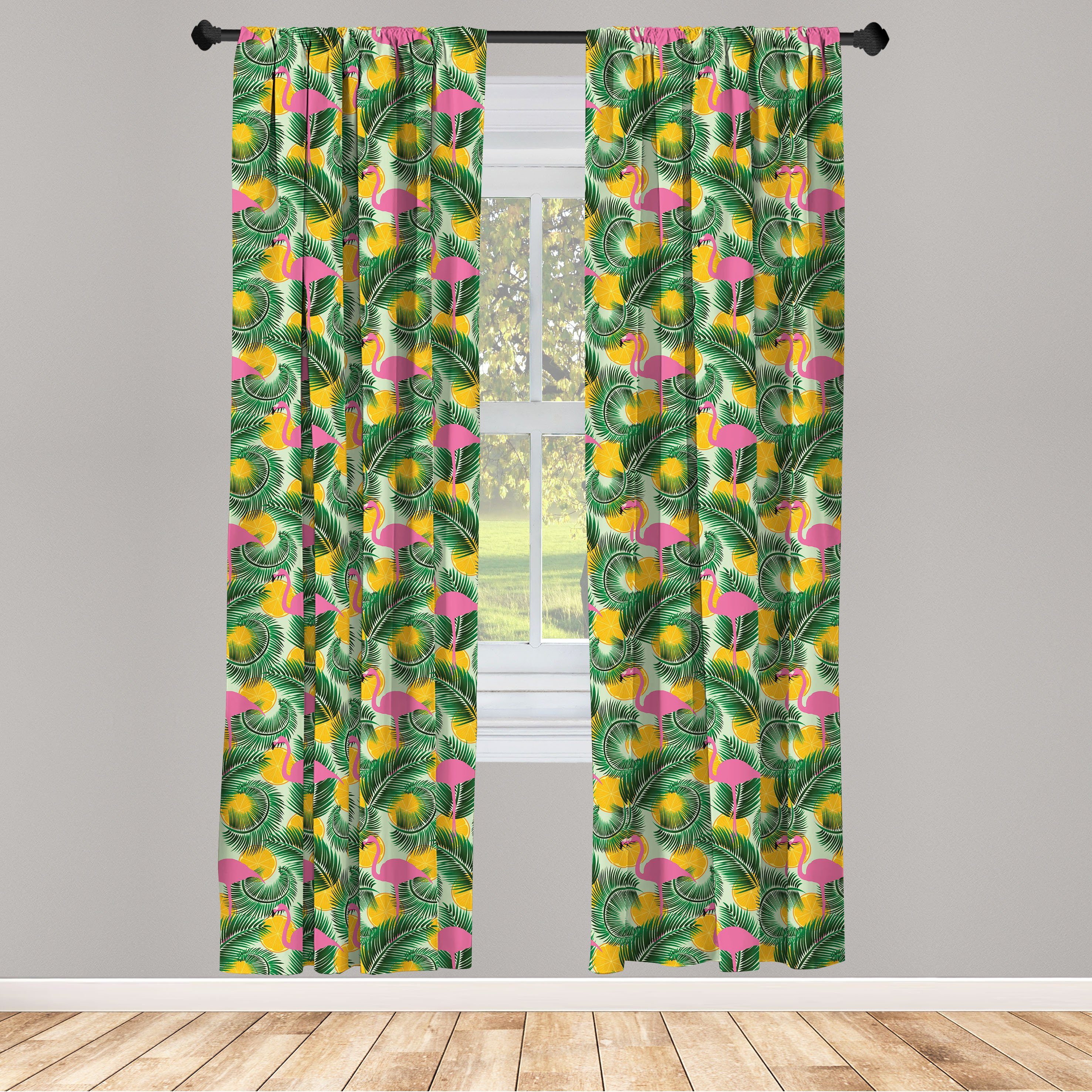 Gardine Vorhang für Wohnzimmer Schlafzimmer Dekor, Abakuhaus, Microfaser, hawaiisch Sommerkunst-Motiv Flamingos