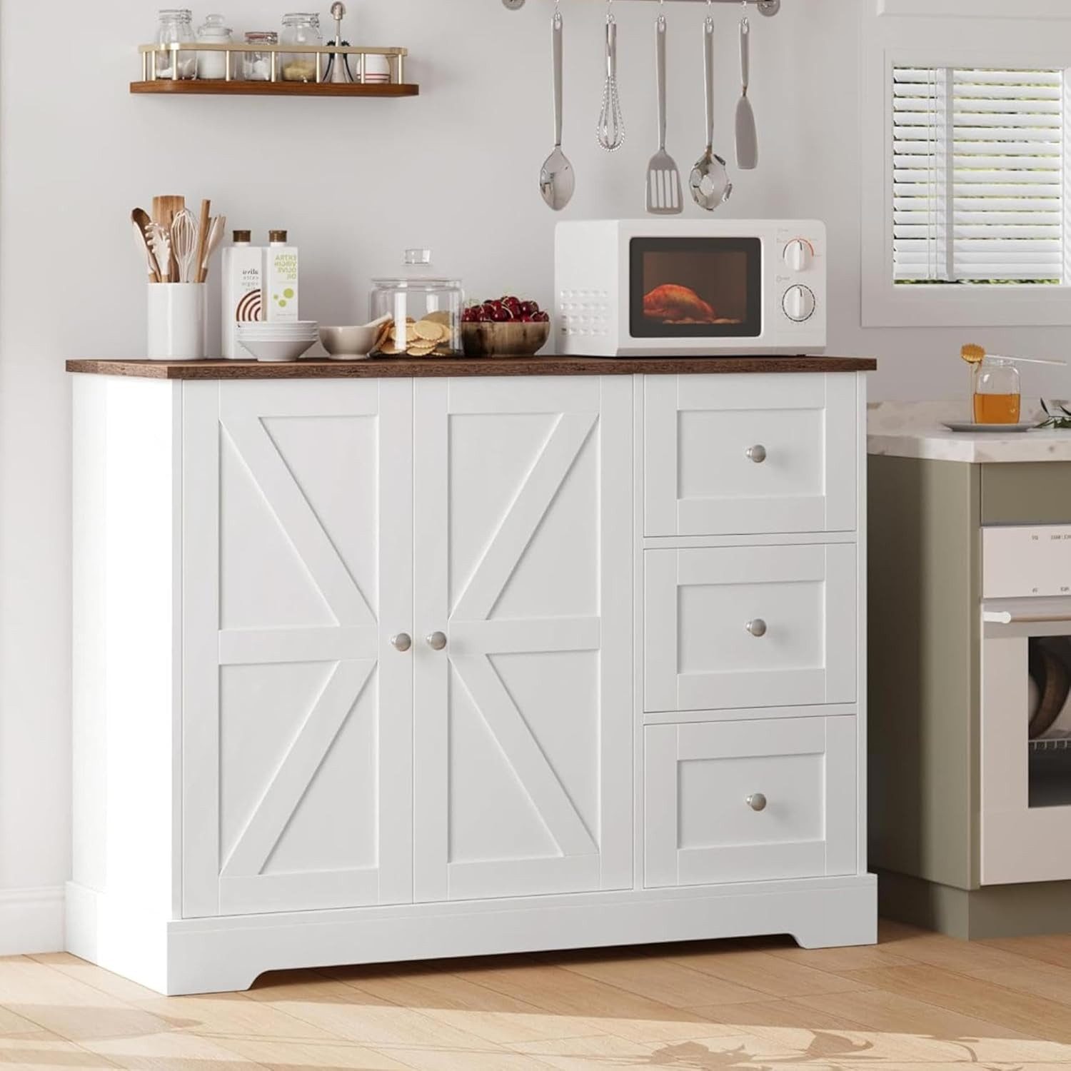 HOMECHO Sideboard, Küchenschrank mit Arbeitsplatte, Buffetschrank Weiß & Braun