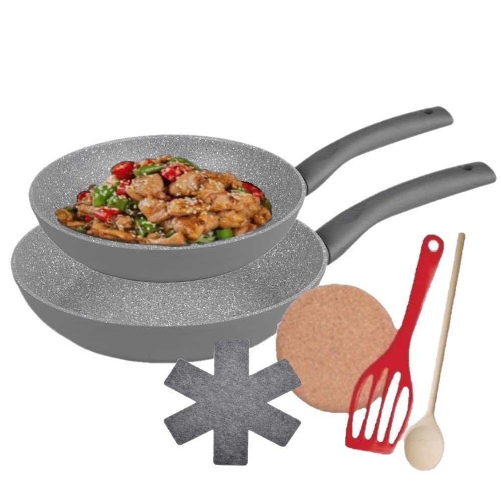 KESSMANN Pfannen-Set Herdarten Inkl. Pfannenset Pfannenwender 1 7tlg 24cm 28cm Schmorpfanne alle + 2 Aluminium 1 Untersetzer + Hochrandpfanne induktionsherd Filzeinlagen Servierpfanne Holzlöffel), für Induktionspfannen 1 Pfanne, + 7-tlg., (Set, Bratpfanne