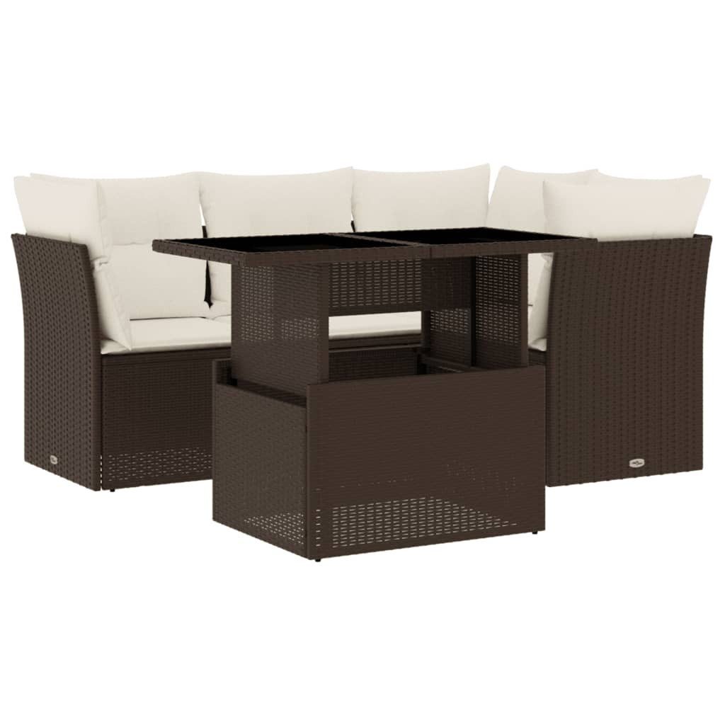 vidaXL Gartenlounge-Set 5-tlg. Garten-Sofagarnitur mit Kissen Braun Poly Rattan, (1-tlg)