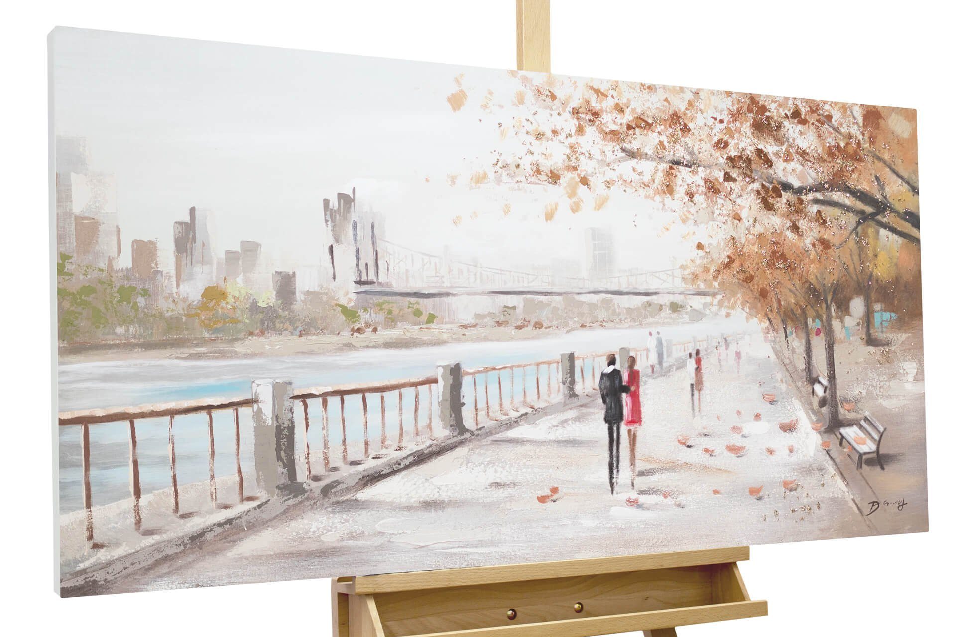 KUNSTLOFT Gemälde Autumn Walk 120x60 cm, Leinwandbild 100% HANDGEMALT Wandbild Wohnzimmer
