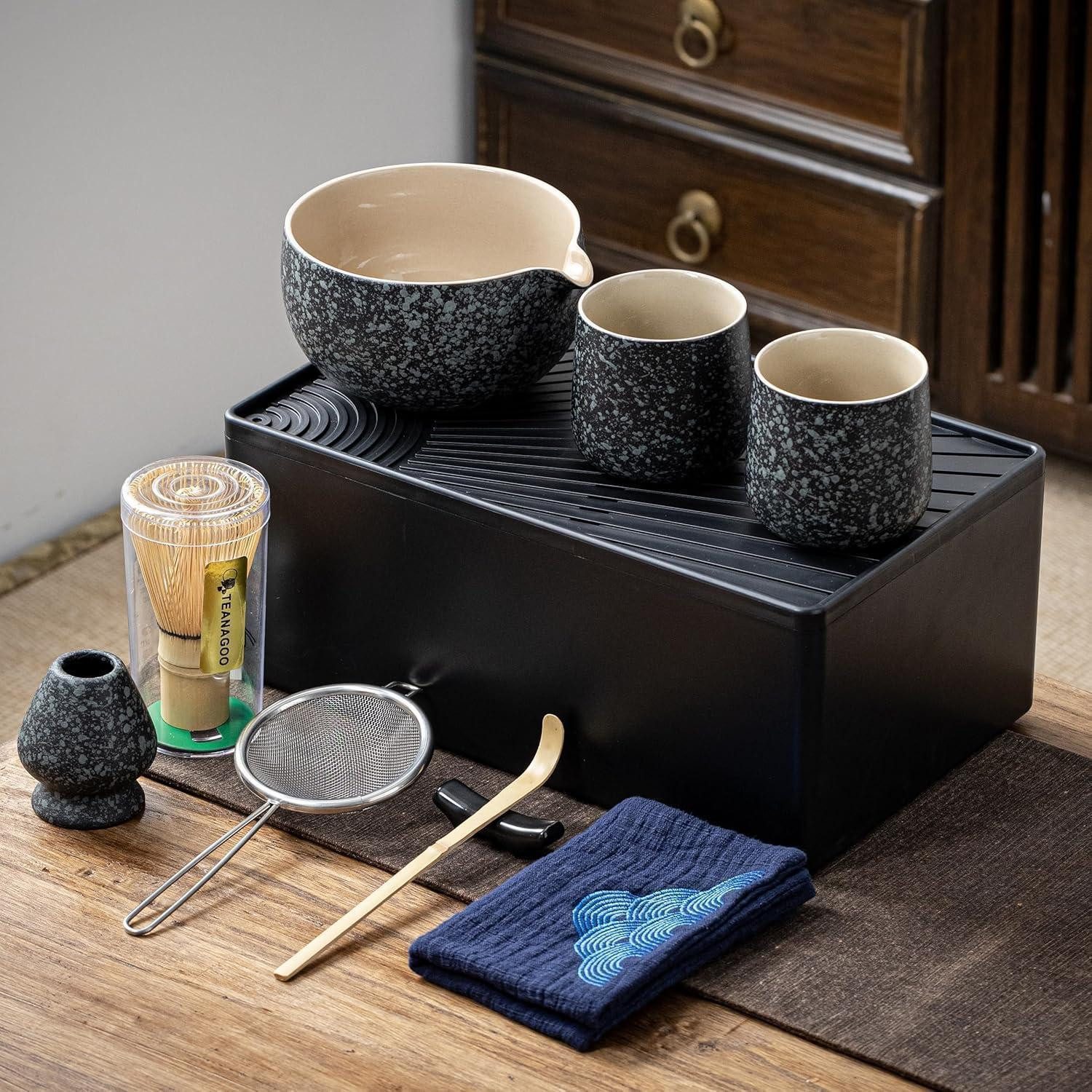 LuxusKollektion Teeservice Matcha Set Bowl Tragbares & Aufbewahrungsset Rocky-schwarz Grau+++