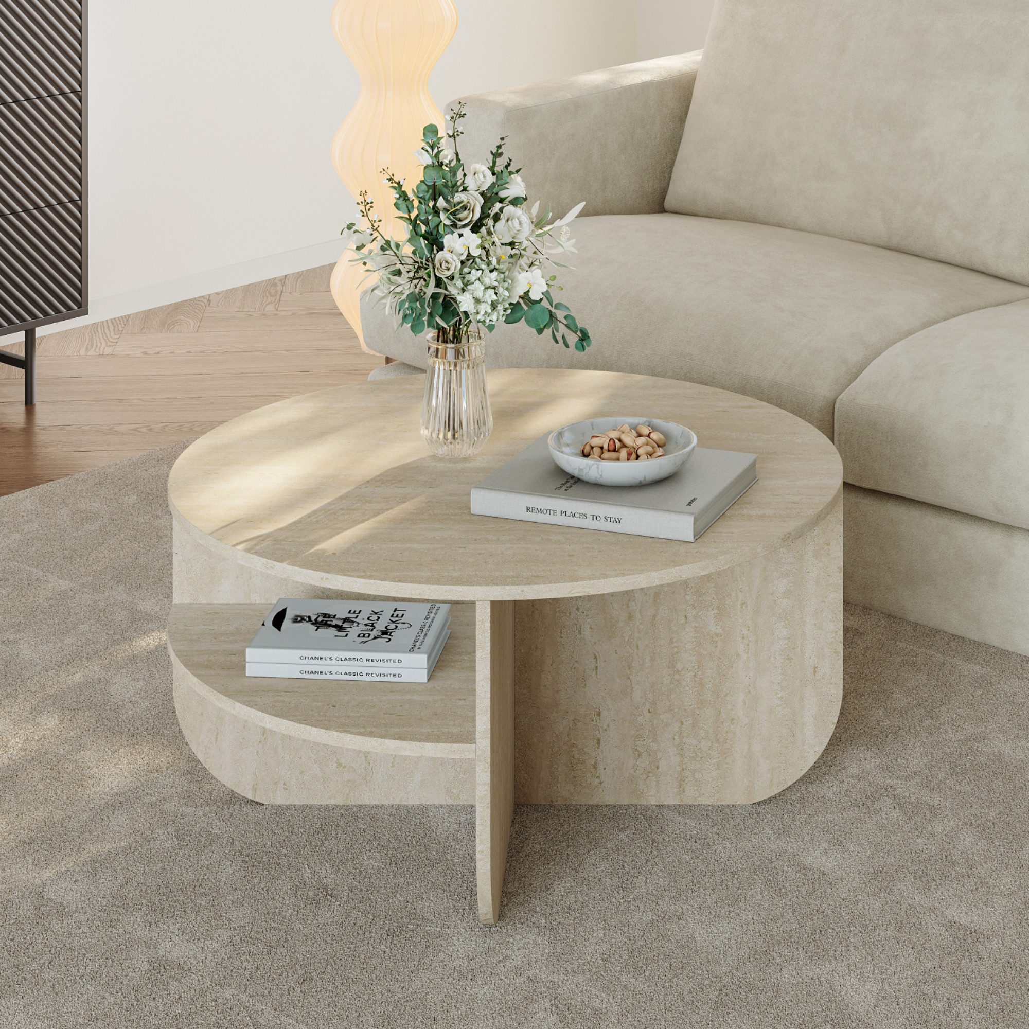 en.casa Couchtisch, »Reykhon« Ø80 x 41 cm mit Stauraum runde Tischplatte Travertin