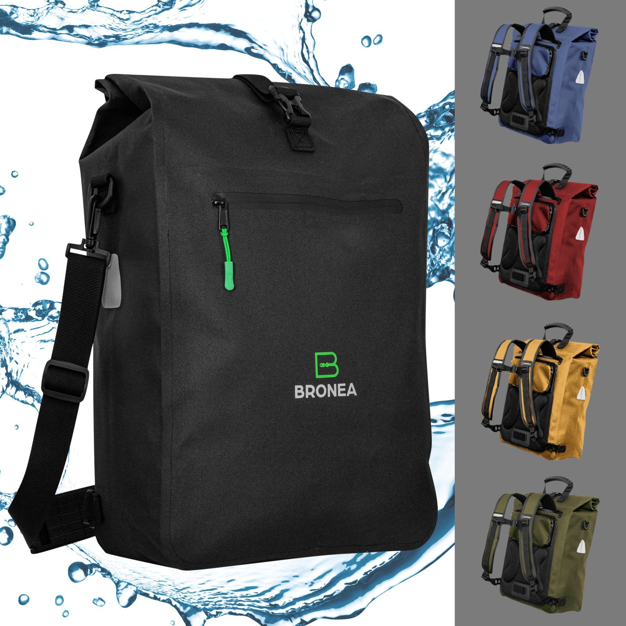 Bronea Fahrradtasche 3in1 Wasserdicht - 28L - SCHWARZ - Kombi Rucksack & Umhängetasche (Schnellmontage an Gepäckträger, Integrierte Laptoptasche), PVC-frei - Reflektierende Elemente - Gepolsterte Rückwand