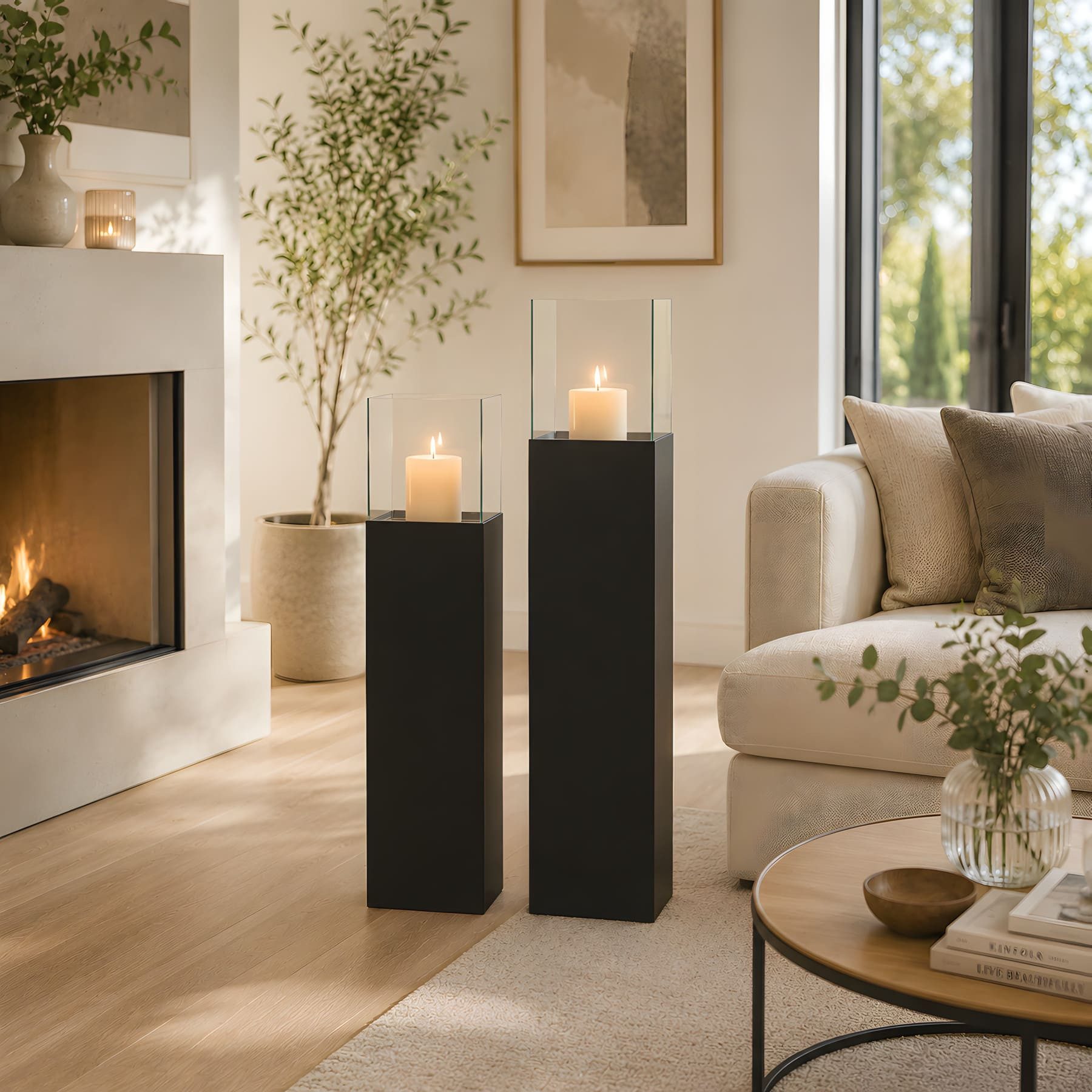 Dekoleidenschaft Bodenwindlicht "Black" Windlichtsäule aus Metall, schwarz, Kerzenständer, Dekosäule (2 St., im Set), Kerzenhalter 75 + 90 cm hoch, Wohnzimmer Bodenlaterne mit Kerzenglas