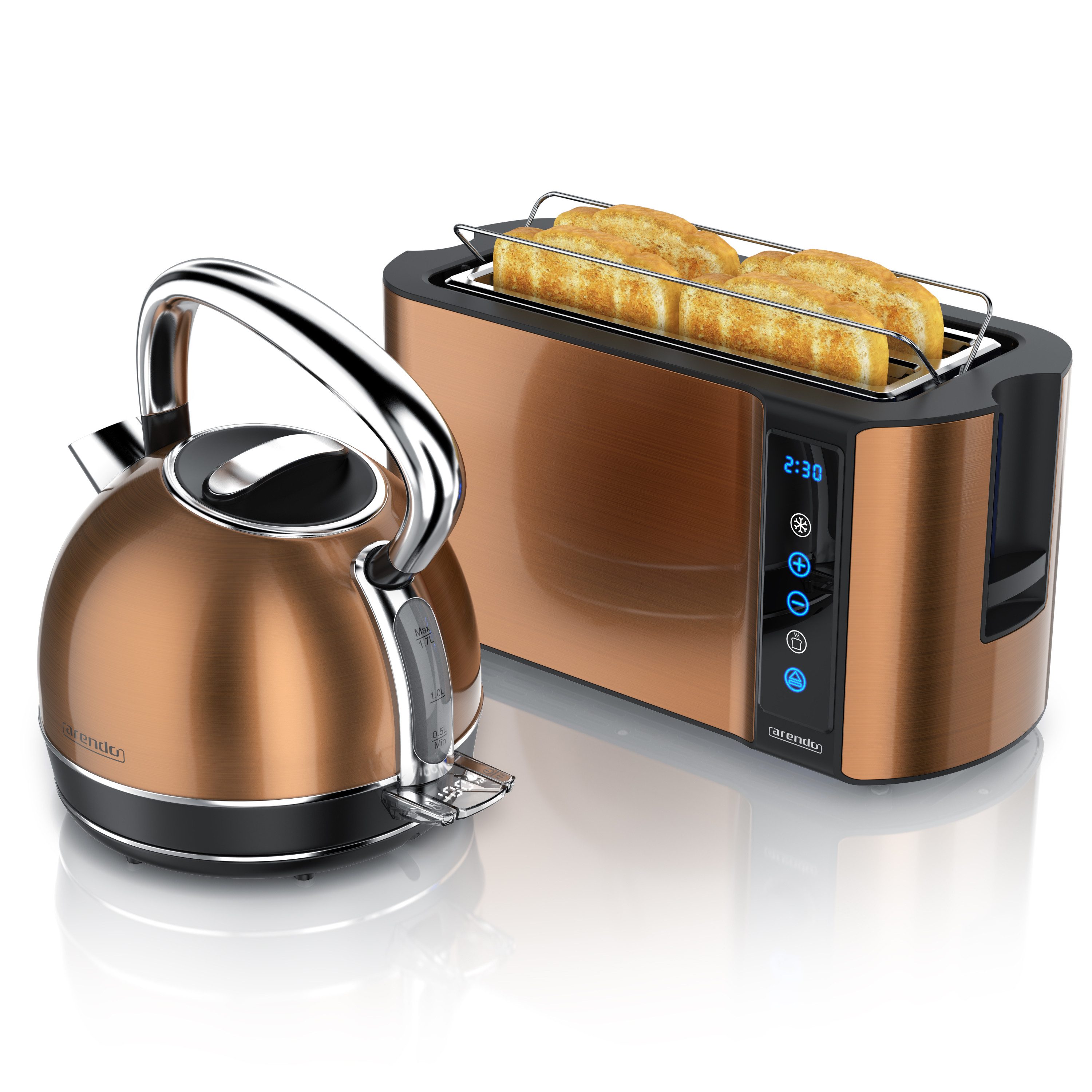 Arendo Frühstücks-Set Edelstahl Wasserkocher 1,7l, 4-Scheiben Langschlitz Toaster, kupfer (2-tlg), Wasserkocher Temperatureinstellung, Toaster Brötchenaufsatz, Touch