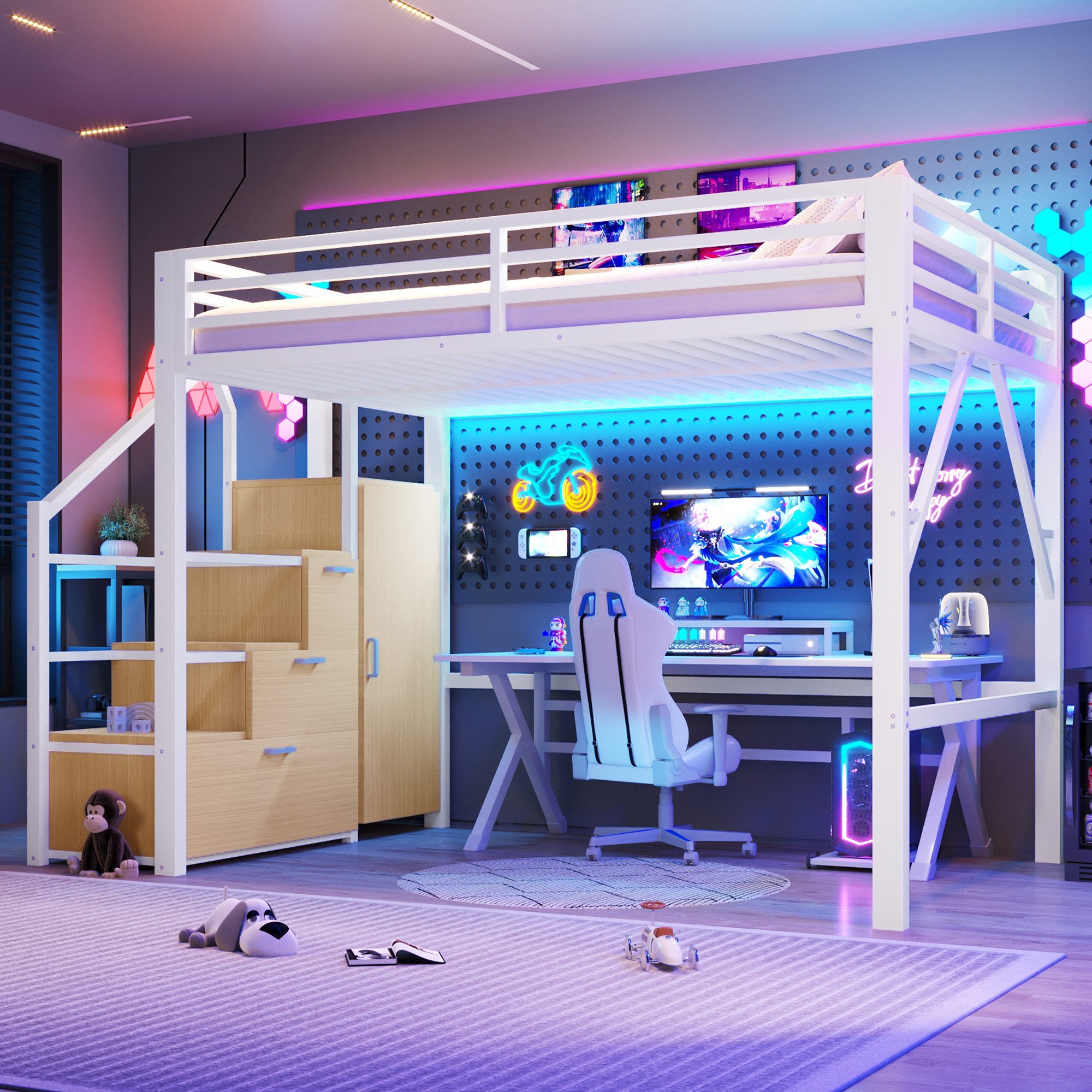 Merax Hochbett 140x200cm mit LED-Beleuchtung inkl. App-Steuerung (Jugendbett Einzelbett, 1-St) Metallbett Kinderbet mit Kleiderschrank Treppe Regalfächern Staur – Bild 3 von 5