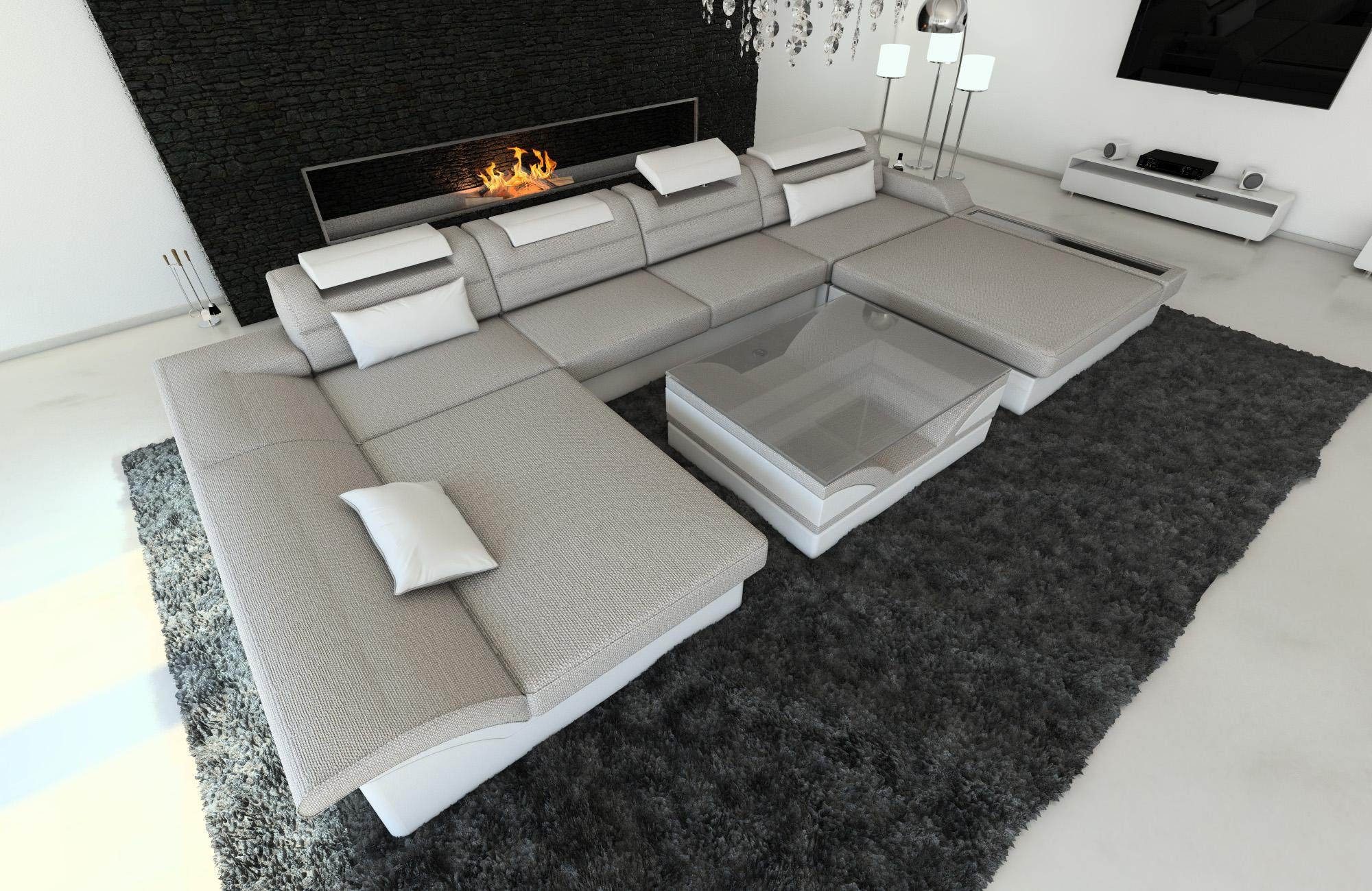 Sofa Wohnlandschaft Form H2 Bettfunktion, U Stoff Stoffsofa, Monza Dreams Polster mit Couch Designersofa Macchiato-Weiss LED, ausziehbare