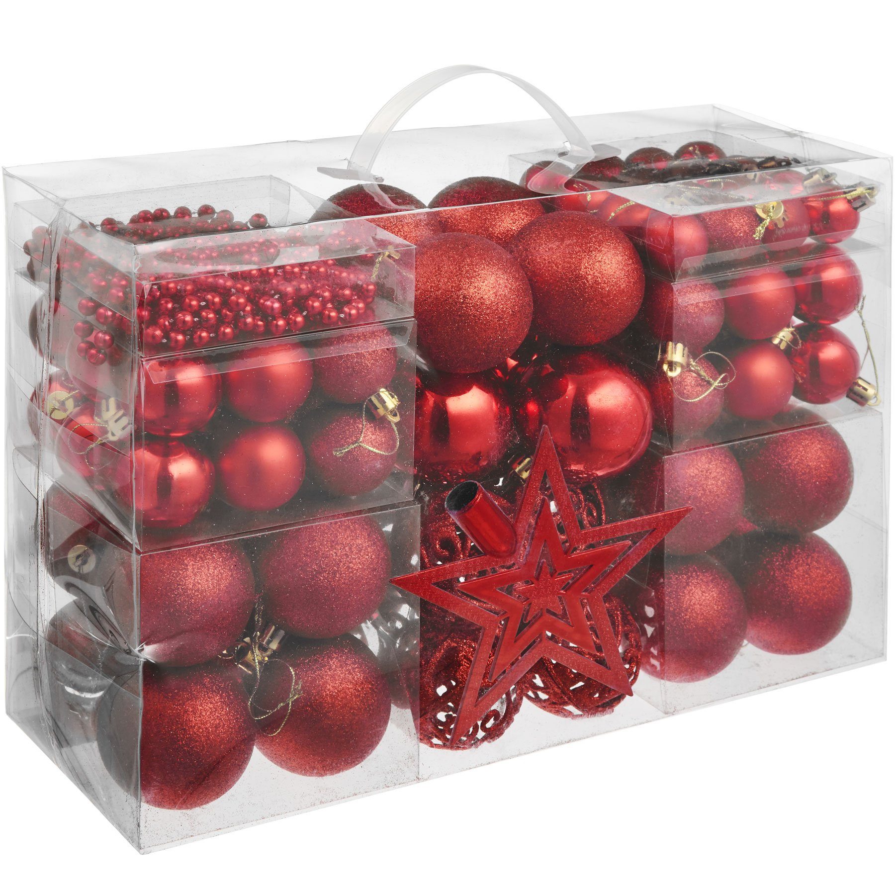 tectake Weihnachtsbaumkugel Weihnachtskugeln (1 St), 86-er Set in Rot, inklusive Perlenkette und Stern