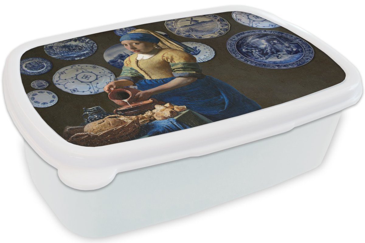 Brotbox Milchmädchen Brotdose, und weiß (2-tlg), Lunchbox Mädchen Jungs Kinder Perlenohrring - Mädchen Kunststoff, - für Delfter für MuchoWow Blau, Erwachsene, und mit