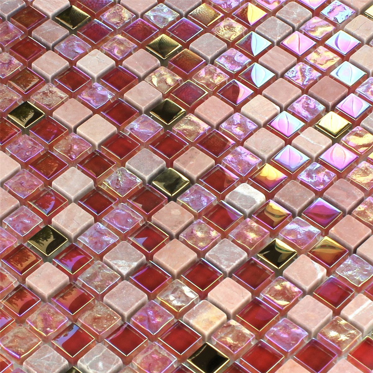 Mosafil Mosaikfliesen Glas Naturstein Mosaikfliesen Meramec Rot Rosa Gold, Naturstein-Glas 32.200x30.500, gold-beige-rosa, Verlegefertig auf ein Netz geklebt - Wasserfest