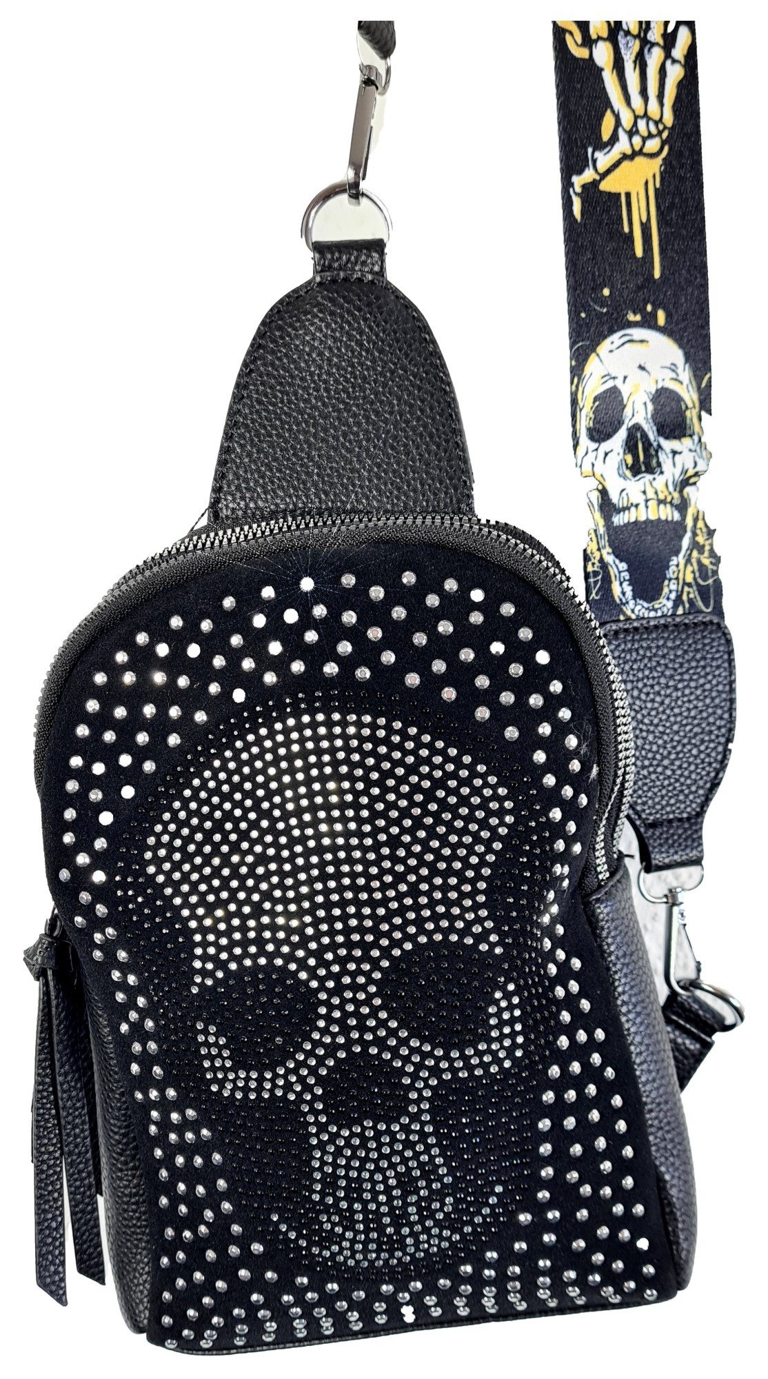 Einkaufszauber Schultertasche Slingbag Skull Totenkopf - Schultertasche Crossover, Totenkopf aus Strass – Bild 2 von 4
