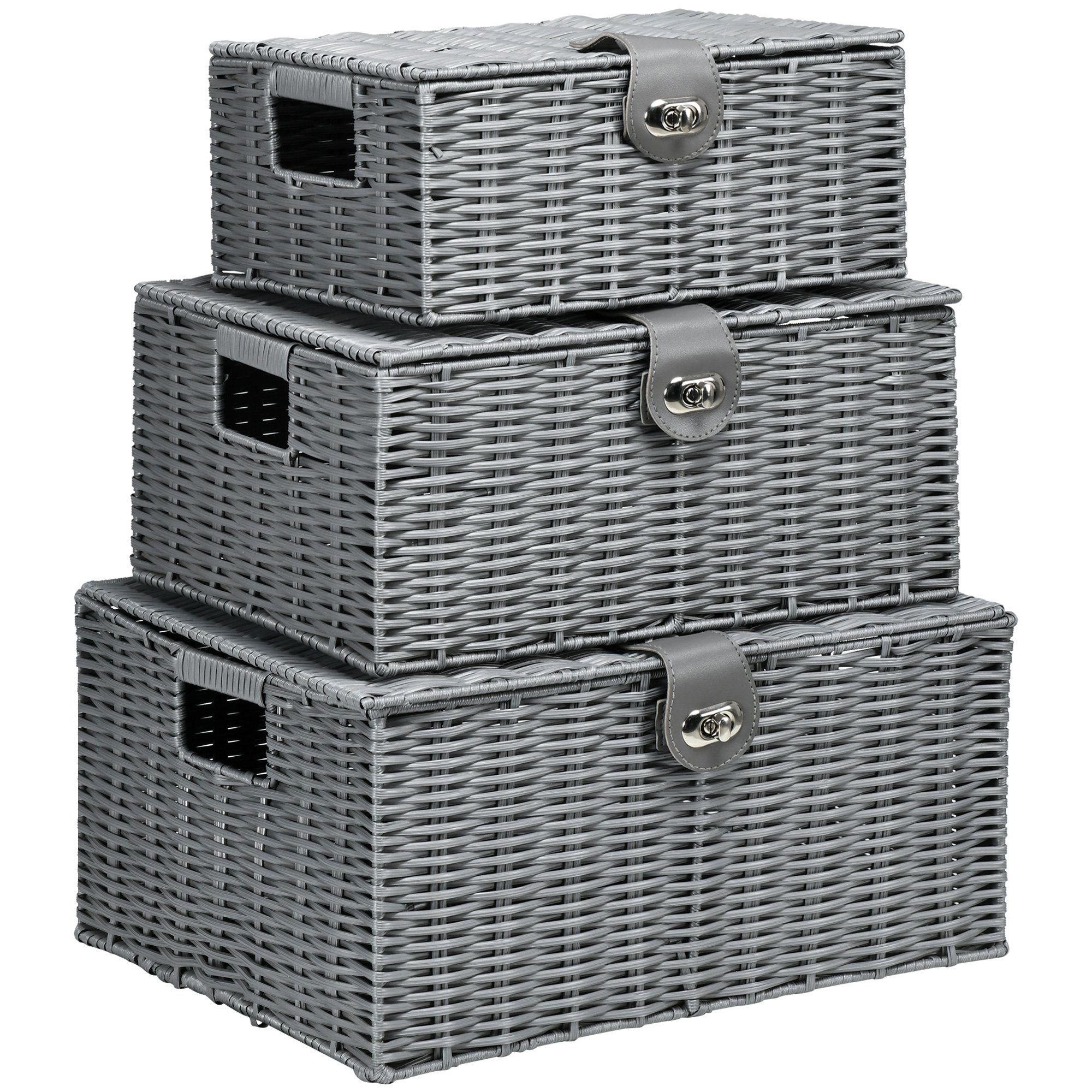 HOMCOM Aufbewahrungskorb 3er-Set Aufbewahrungsboxen mit Deckel und Schnallen (Ordnungsboxen, 3 St., Aufbewahrungskorb), Grau PP, Metall