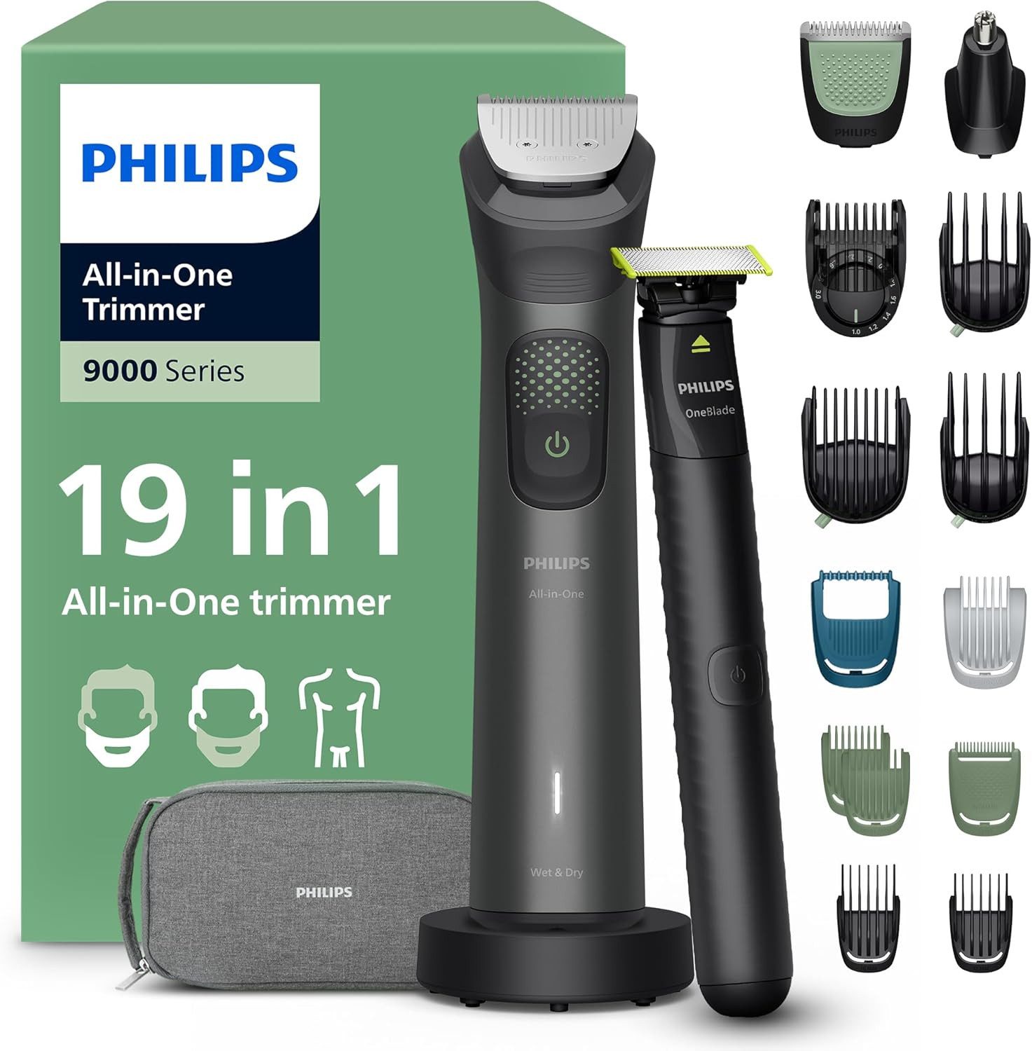 Philips Elektrorasierer PHILIPS Multigroom 9000 19-teilig Haare & Bart + OneBlade MG9556/15