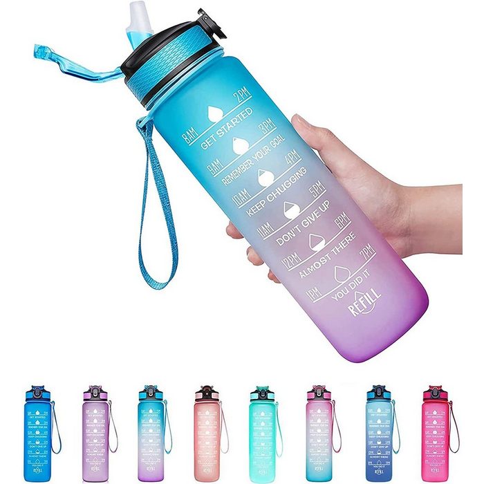 Mmgoqqt Trinkflasche 1L Sport Motivierende Trinkflasche mit Strohhalm Wasserflasche mit Zeitmarkierung 1 Liter Flasche für Fahrrad Schule Gym Fitness
