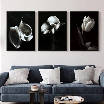 TPFLiving Kunstdruck (OHNE RAHMEN) Poster - Leinwand - Wandbild, Weiße Blüten / Blumen auf schwarzem Hintergrund - (13 verschiedene Größen zur Auswahl - Auch im günstigen 3-er Set), Farben: Weiß, Schwarz - Größe: 60x80cm
