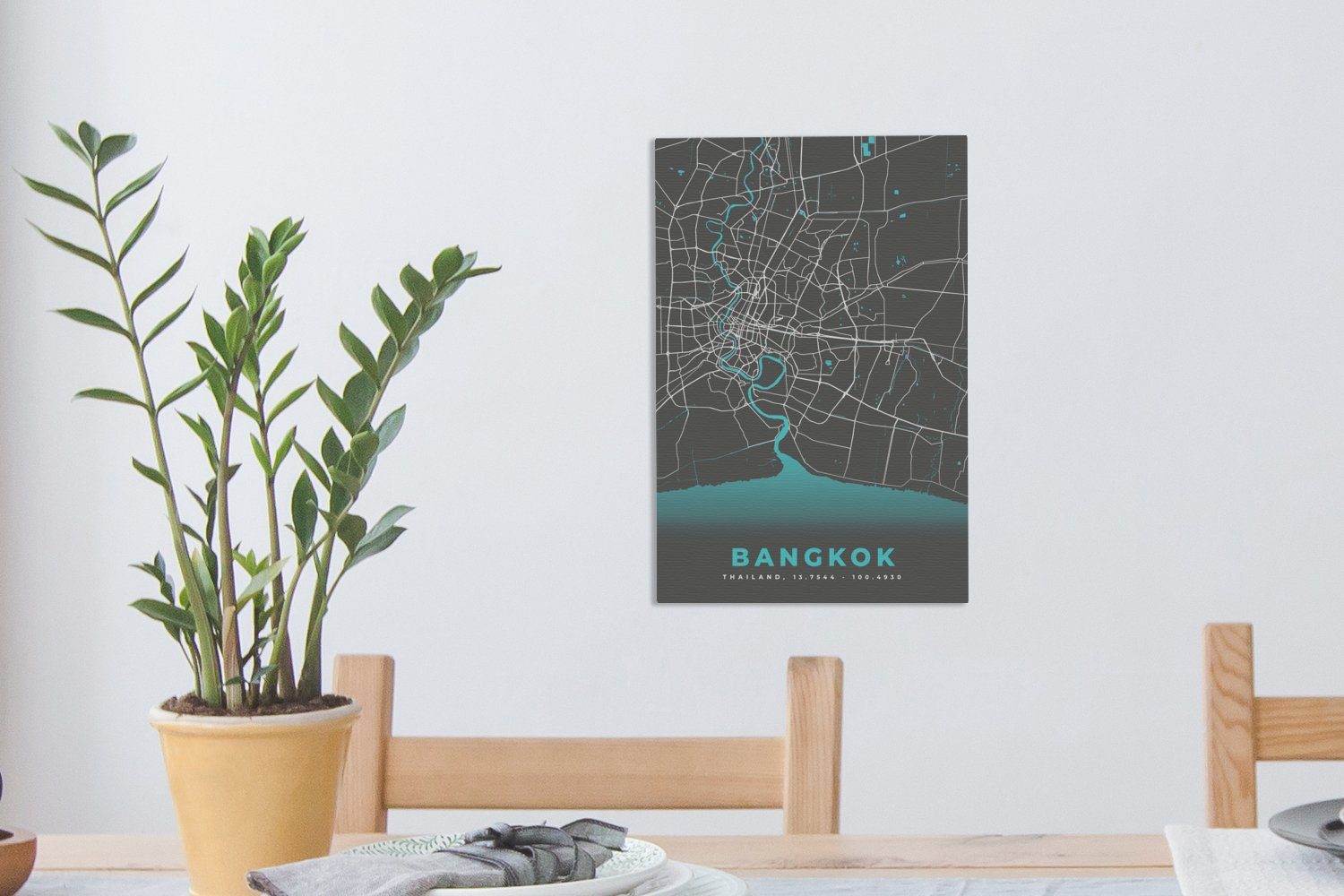 OneMillionCanvasses® Leinwandbild Bangkok - Blau Leinwandbild cm Stadtplan, - St), Zackenaufhänger, fertig 20x30 Gemälde, (1 Karte - bespannt inkl