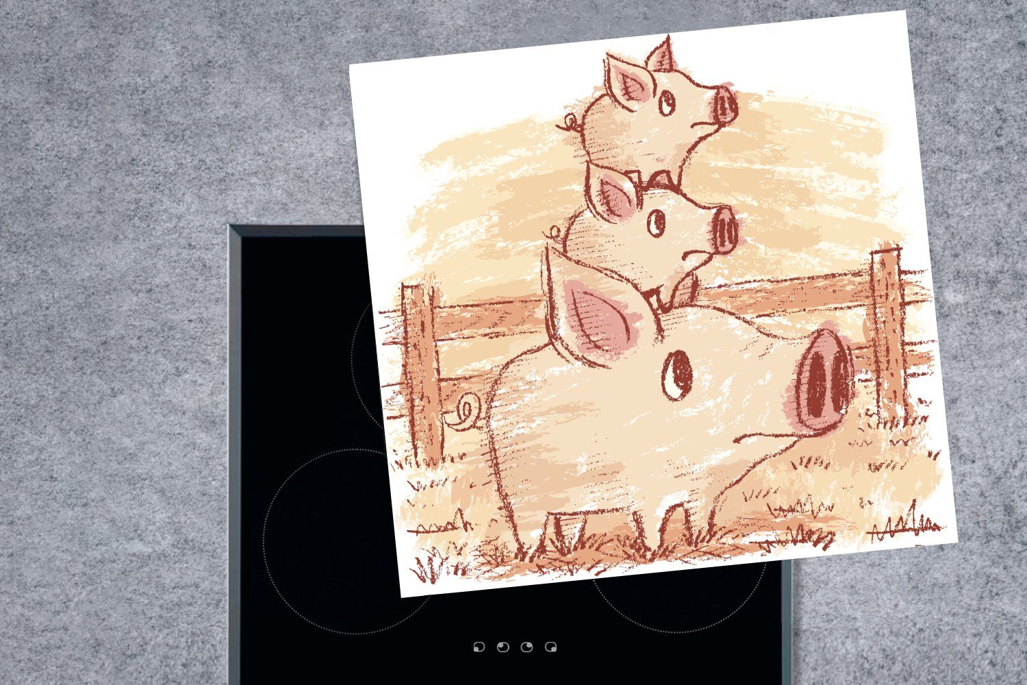 MuchoWow Herdblende-/Abdeckplatte Eine Illustration eines Ferkeln, für Ceranfeldabdeckung, cm, mit Vinyl, Schweins zwei tlg), küche (1 78x78 Arbeitsplatte