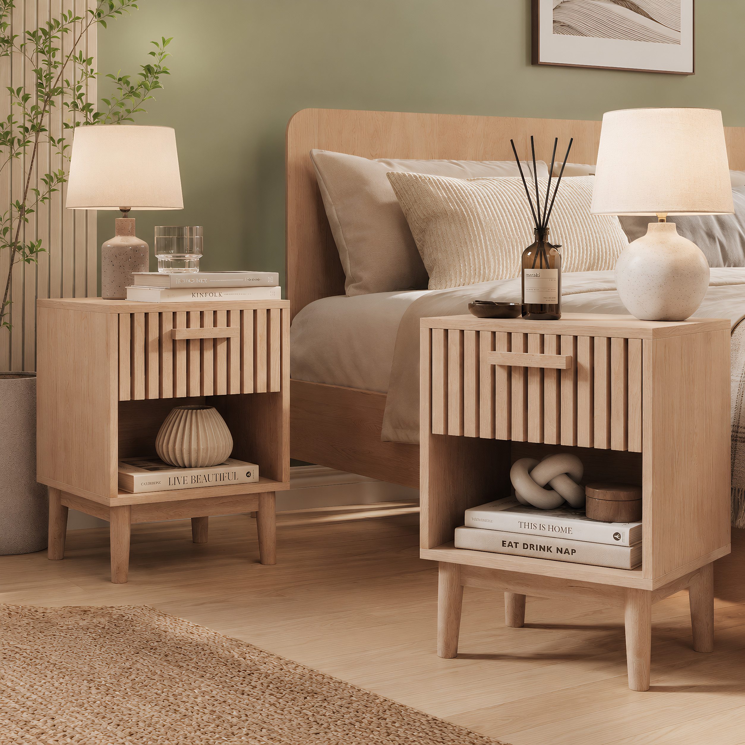 Simurq Nachttisch 2er Set Beistelltisch Nachtschrank mit 1 Schublade 1 offenes Fach (2-St., Boho Nachttisch Kommode Rillenmuster-Design), 40 x 35 x 55cm, für Schlafzimmer